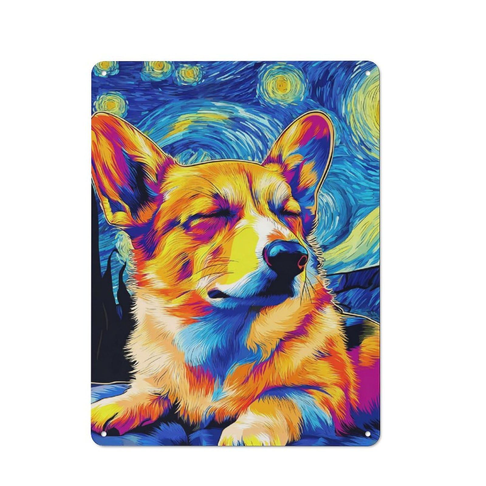 Junmoney Starry Night Corgi A Whimsical Artwork Clean Industrial Industrial Metal Sign 40X30cm, Studio Wall Art For Loft, Studio, Office Or Creative Room