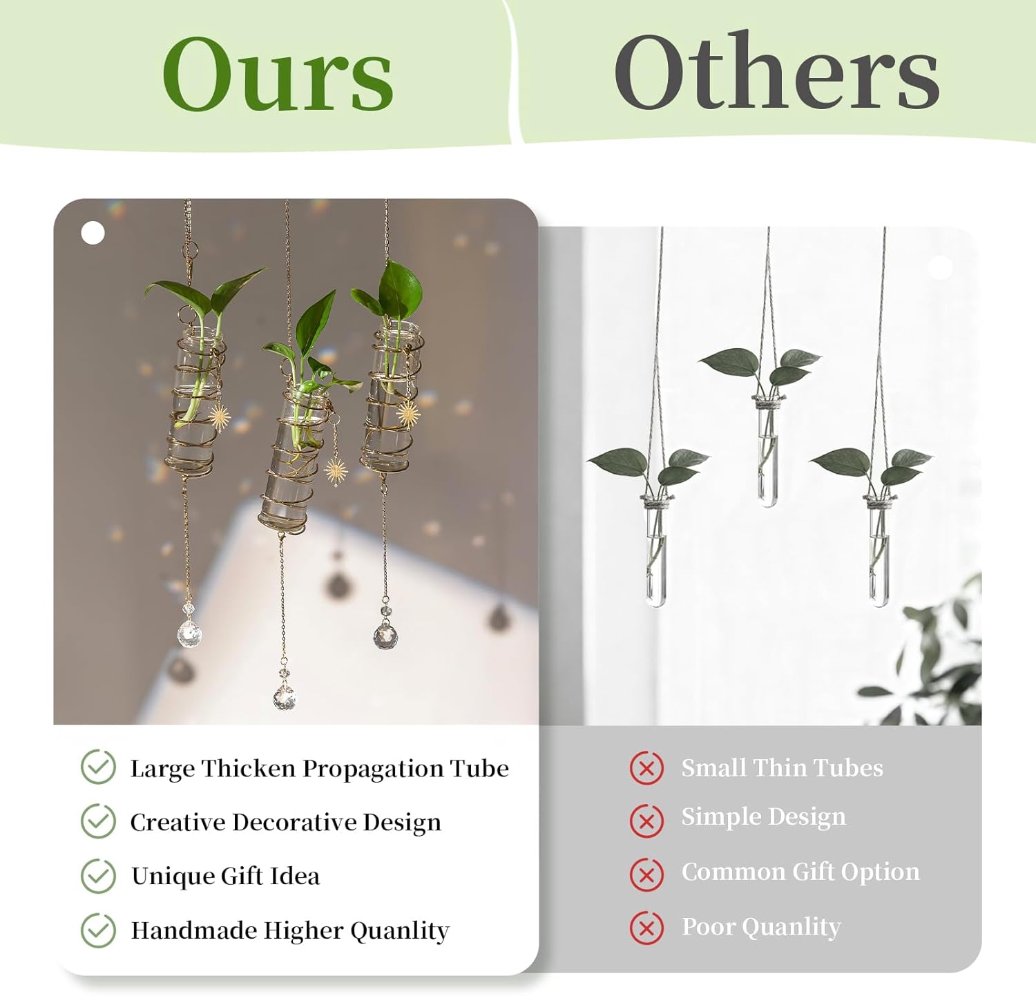 Glasseam Hanging Propagation Stations with Crystal Suncatchers Glass Wall Planters for Indoor Plants Hydroponics - 4Pcs Propagation Tubes Jars with Metal Chain for Home Decor - Unique Gift for Women