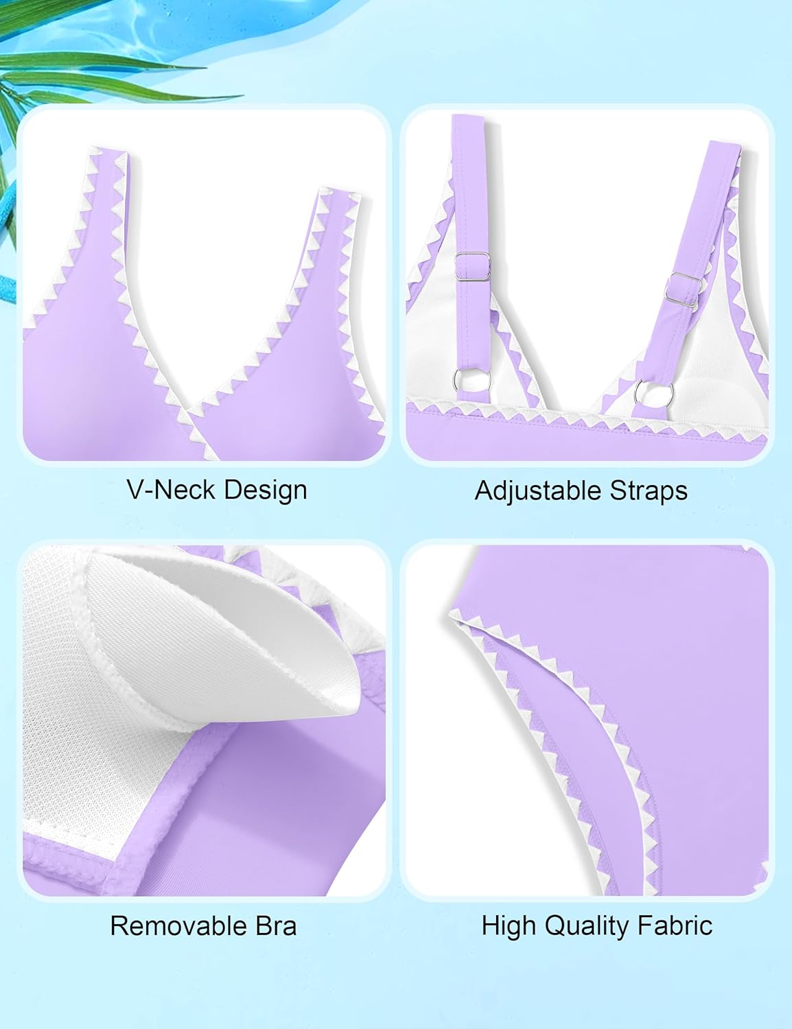 KANGKANG Girls Swimsuit Bikini Set Solid Color V-Neck Two Piece Bathing Suit with Chest Pad Adjustable Straps Swimwear 7-16T - Image 6