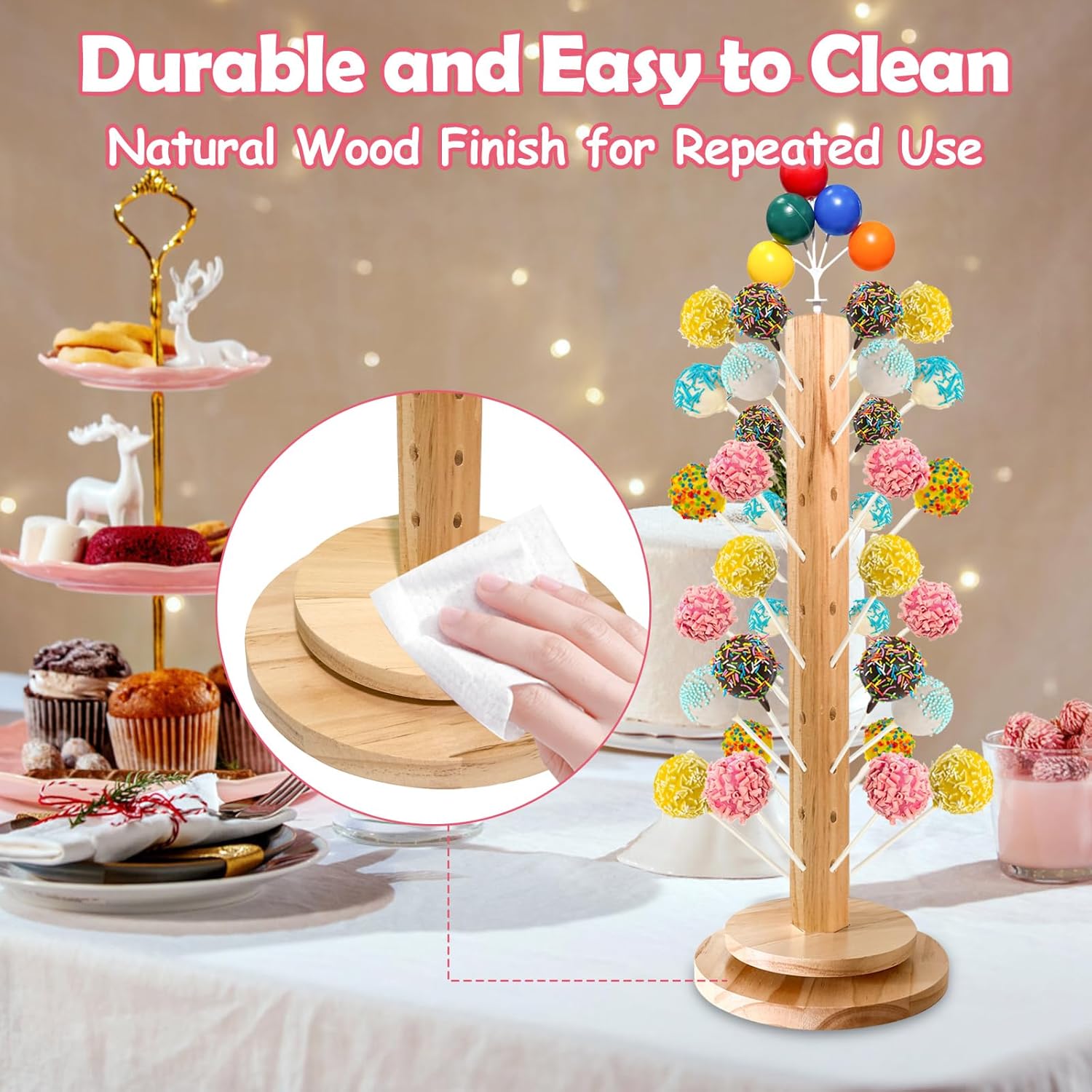 Wood Cake Pop Stand 36 Holes with Spinning Base,Cake Pop Holder Stand for Dessert Table,Lollipop Holder Candy Table Display, Dessert Stand for Wedding Birthday Baby Shower Parties Anniversaries (2 Pack)