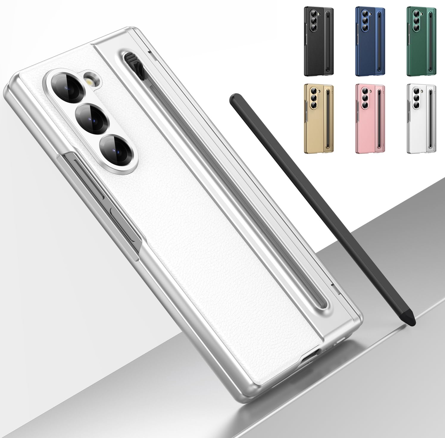 Custodia per Galaxy Z Fold 5 con penna stilo e slot per penna, cover protettiva con cerniera, protezione per lo schermo integrata, custodia in pelle per Samsung Galaxy Z Fold5-Bianco