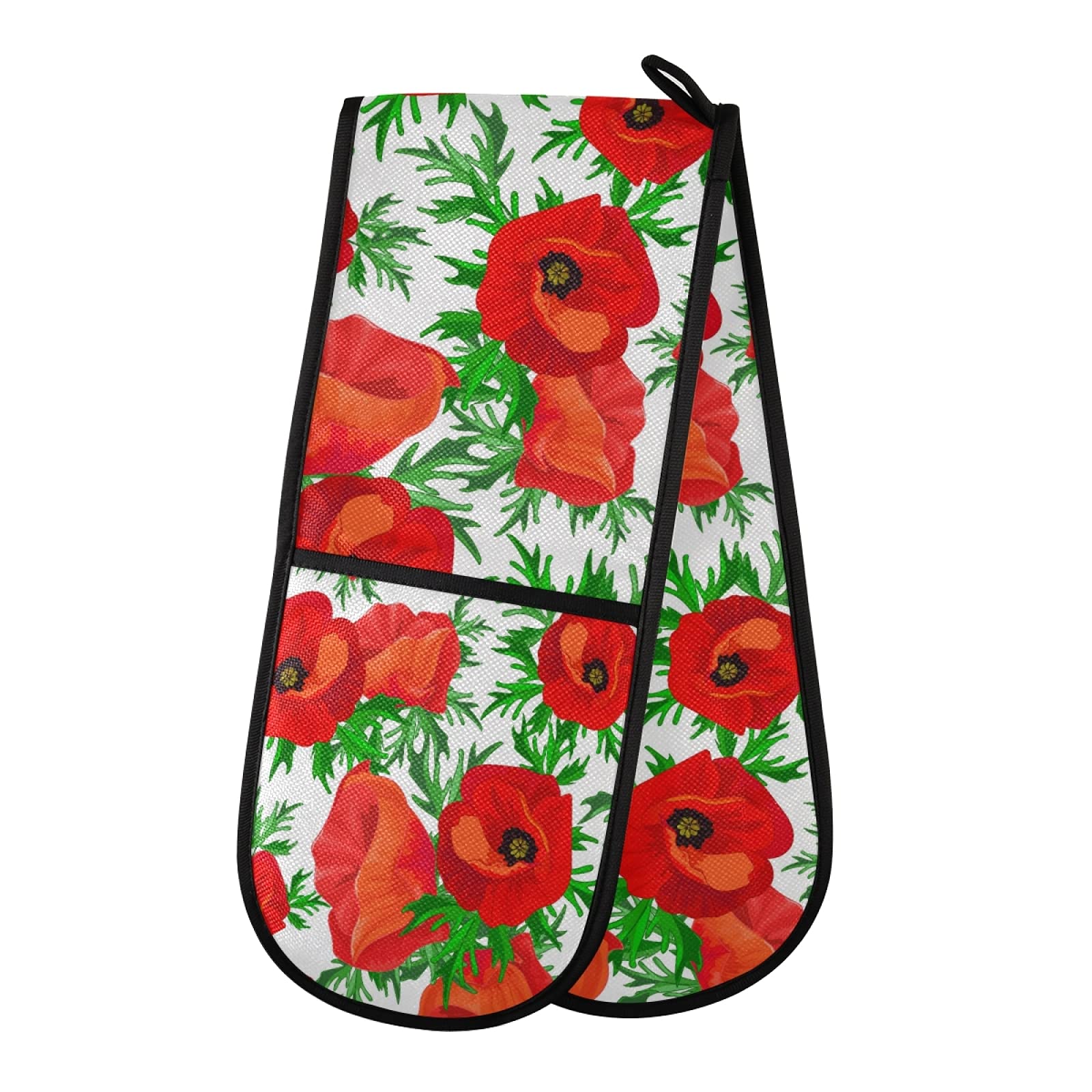 Puxuqu Multicolor Oven Gloves Double Oven Mitts Gloves, Floral Red Poppy Leaves Heat Resistant Oven Gloves For Baking Bbq Kitchen Cooking Gloves