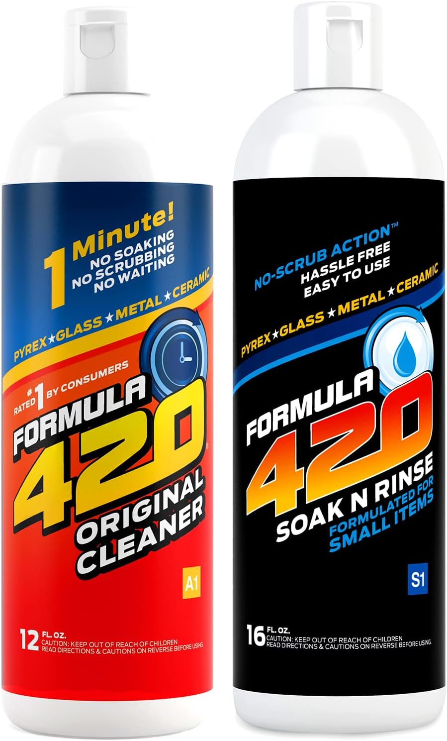 Formula 420 Perfect Pair : 1 Bottle Glass Metal Ceramic Pipe Cleaner 12 Oz. & 1 Bottle Soak-N-Rinse 16oz (2 bottles total)