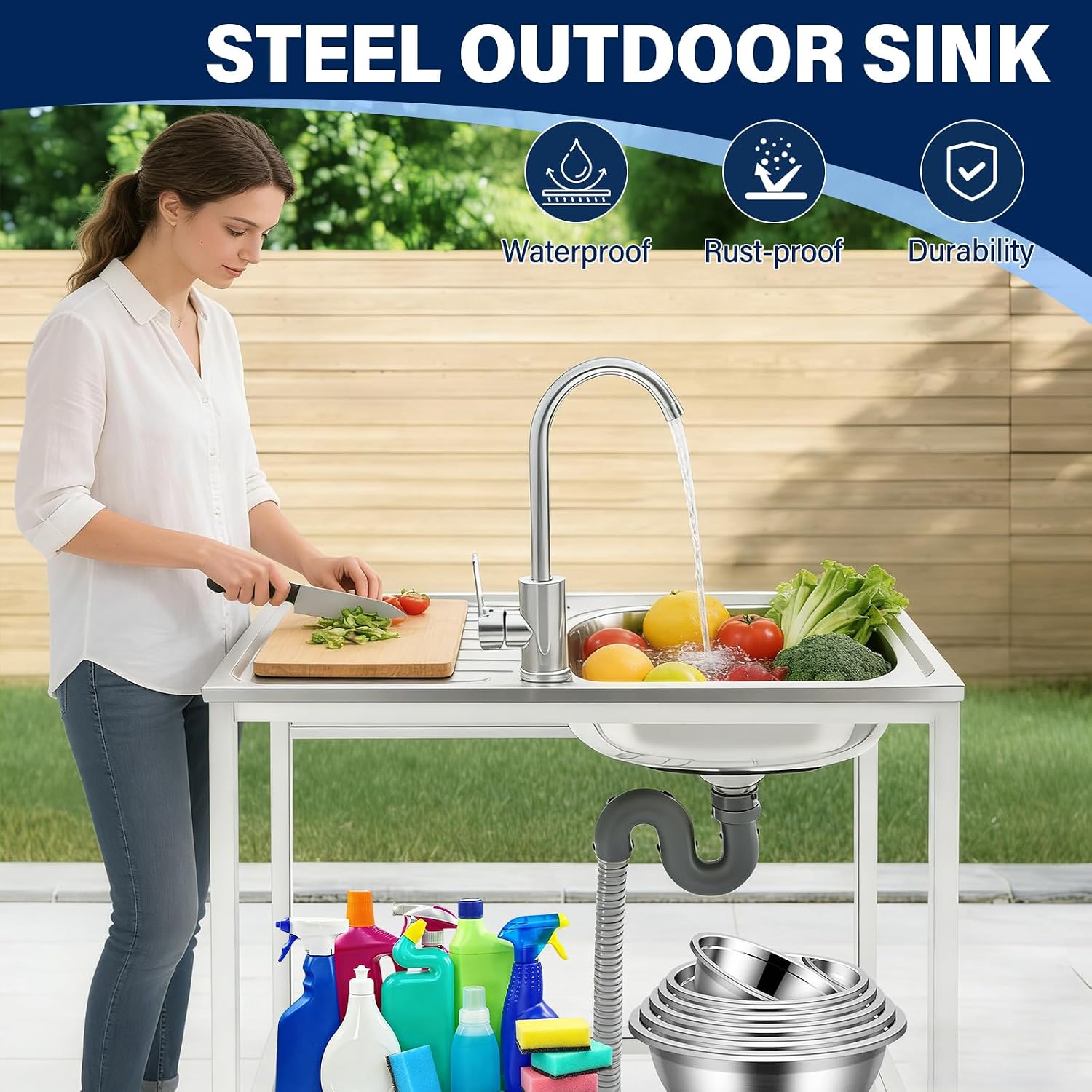 Versatile Outdoor Sink with Hose Hook Up – Heavy-Duty Stainless Steel Sink with Hose Hook Up, Large Basin, Storage Shelf & Quick Drain, Perfect for Gardens, Food Trucks, Restaurants