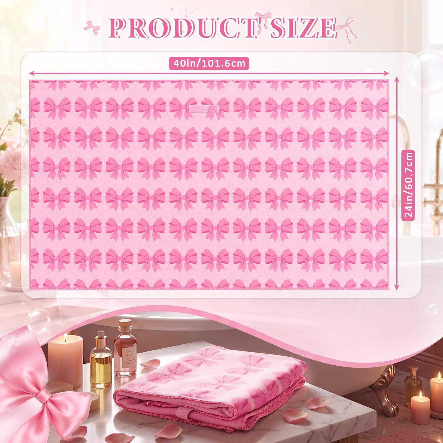 Unittype Large Pink Bow Microfiber Hair Towel Wrap for Women 40 x 24 Inches Dry Hair Cap Turban Bowknot Coquette Soft Girl Fast Dry Wet Long Thick for Bathroom Anti Frizz Drying Towel with Button