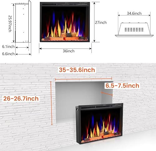 Miniatura 9 de Joy Pebble Inserto de chimenea eléctrica de 37 pulgadas, calentador de chimenea eléctrico empotrado de 750 W1500 W, 5 colores de llama ajustable y 5