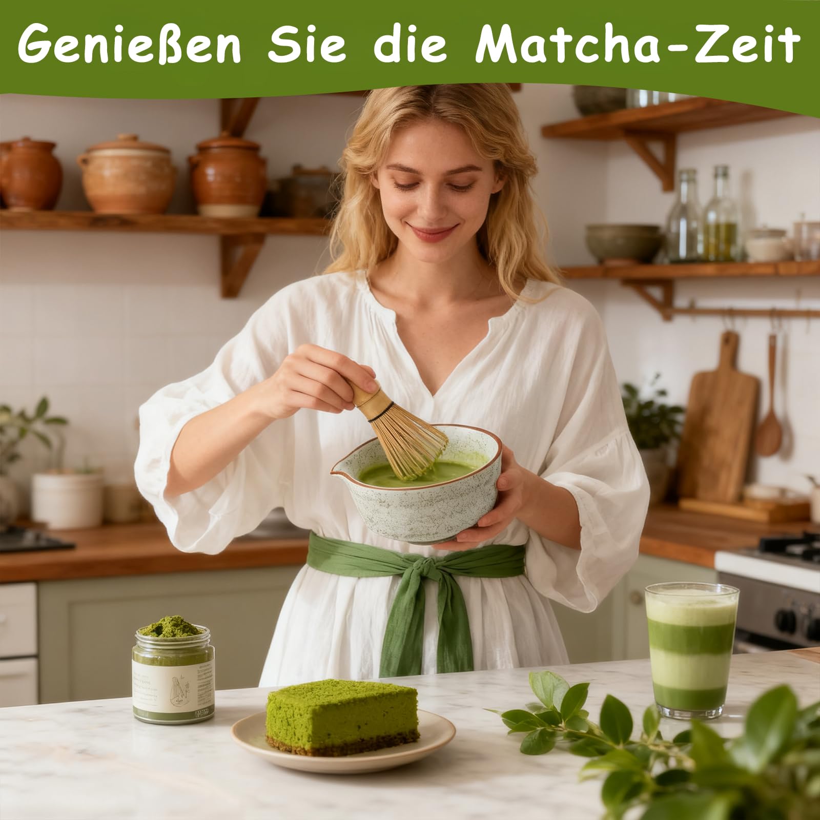 WERTIOO Matcha Set 8 Stück mit Handbuch - Matcha Tee Set, inkl. Keramik Matcha Schale, Schneebesenständer, Matcha besen, Matcha Sieb, Bambuslöffel, Perfektes Teegeschenk für Matcha Liebhaber (Grün)