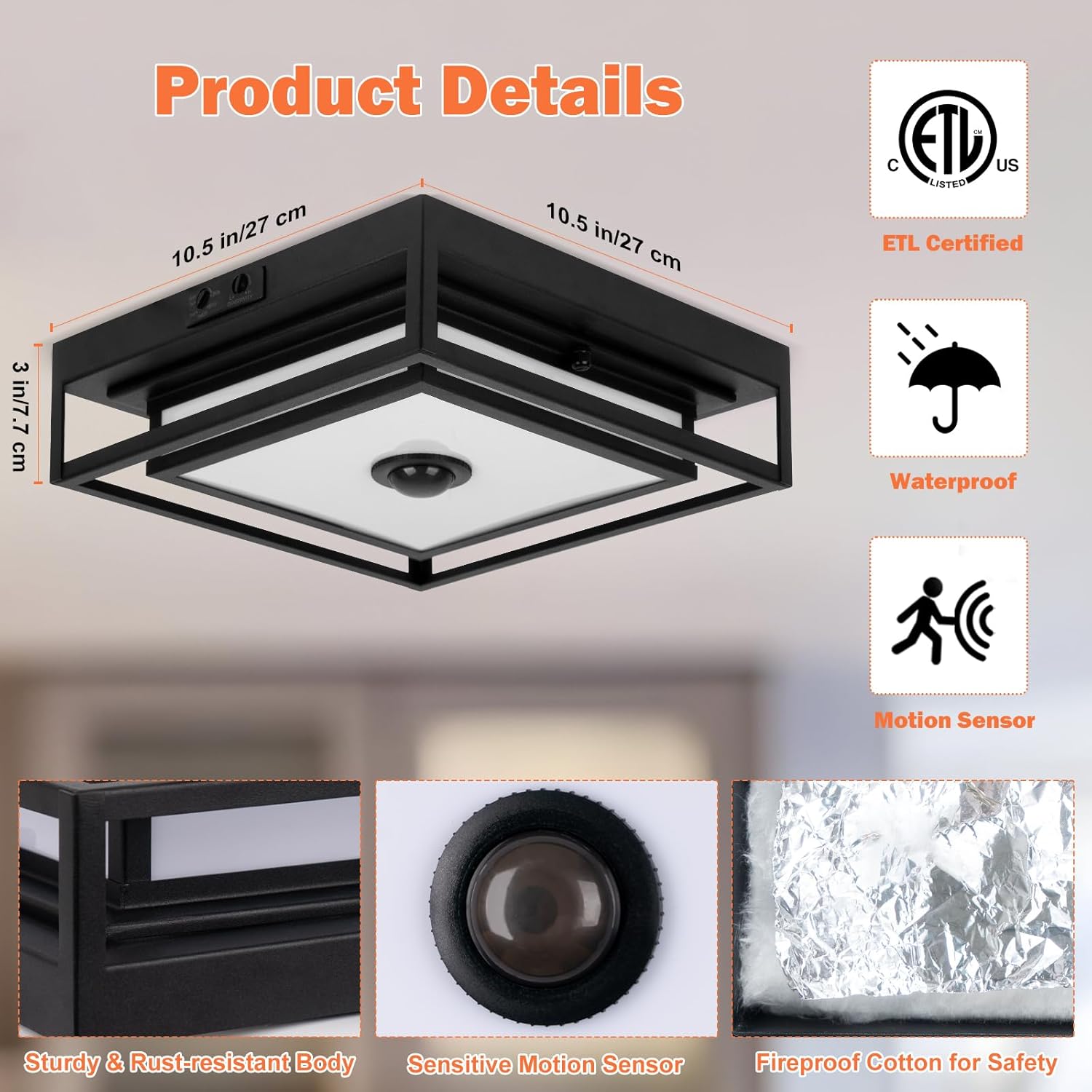 LED Motion Sensor Outdoor Ceiling Light, Modern Black Flush Mount Ceiling Light, 10.5" Square Dusk to Dawn Exterior Light, Waterproof Light Fixture Ceiling Mount for Porch, Garage, Entryway ,Farmhouse
