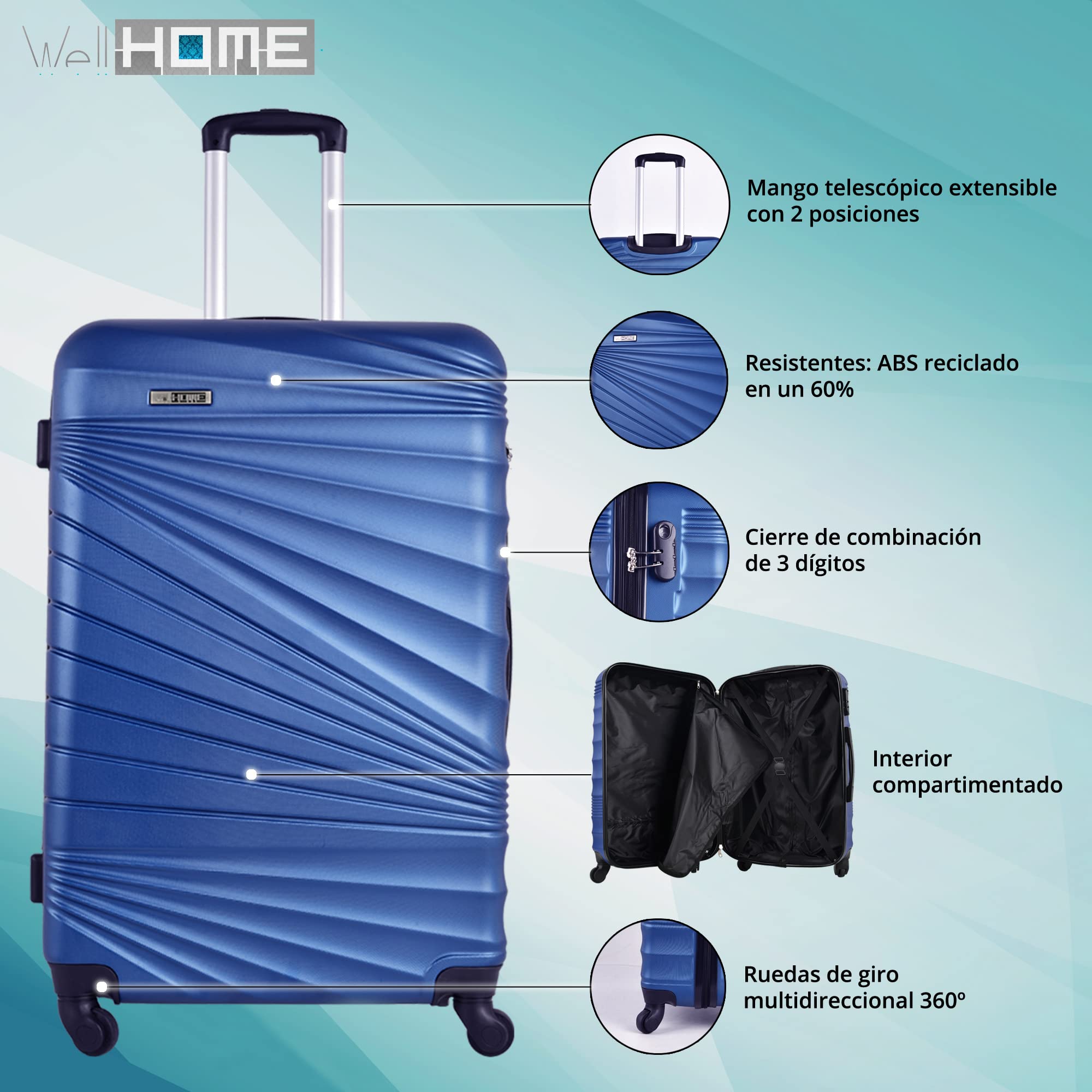 Well Home MOBILIARIO & DECORACIÓN Juego de 4 Maletas Cabina 56cm/Mediana 66cm/Grande 76cm/Neceser 23cm