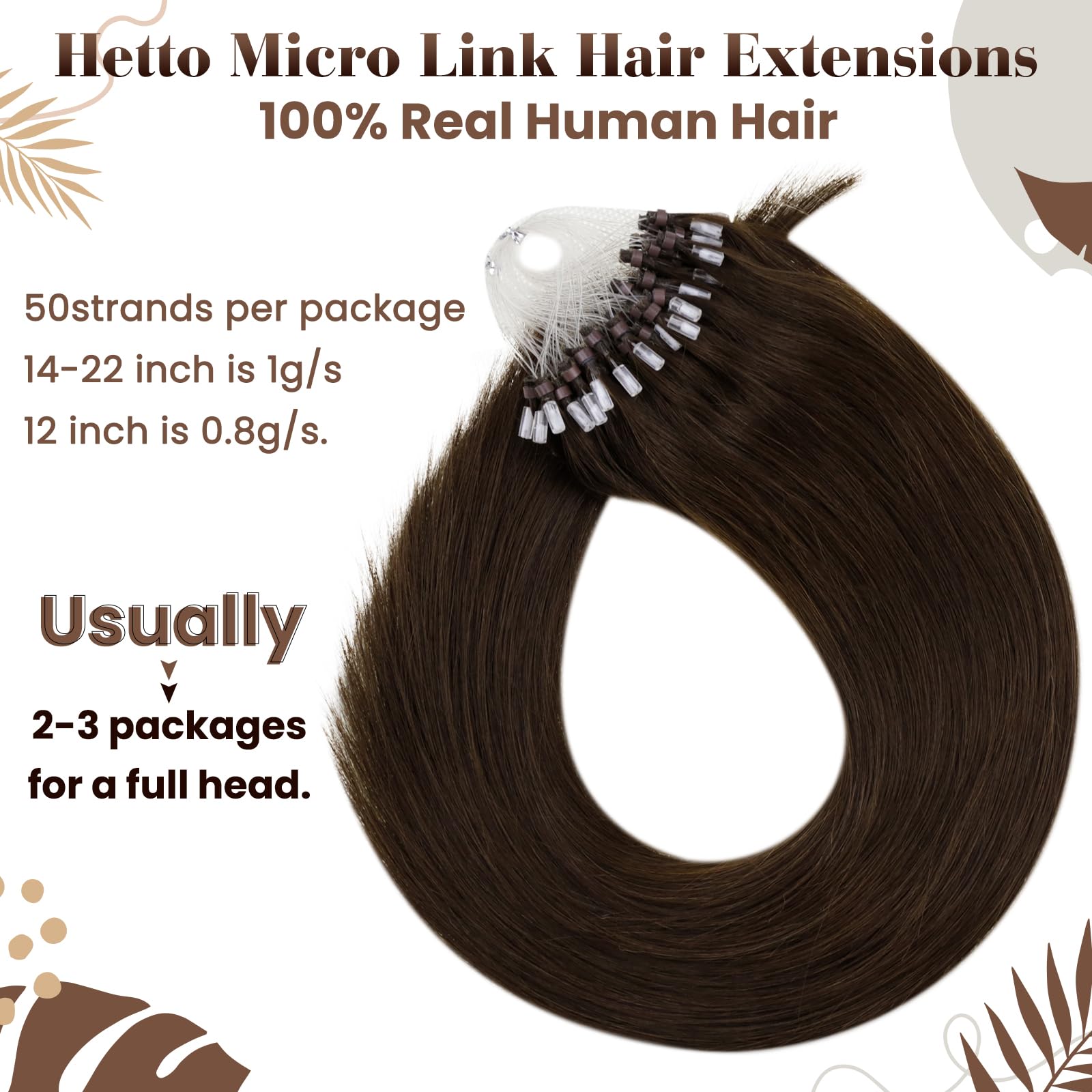 Hetto Micro Beads Hair Extensions Real Human Hair Natural Brown - Image 3