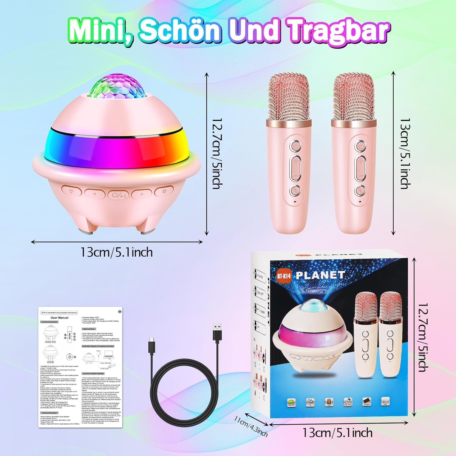 JONRRYIN Zestaw do karaoke z 2 mikrofonami, przenośna maszyna do karaoke Bluetooth dla dzieci ze światłem dyskotekowym i 5 efektami dźwiękowymi, głośnik Bluetooth dla dzieci, muzyka, prezent na Boże