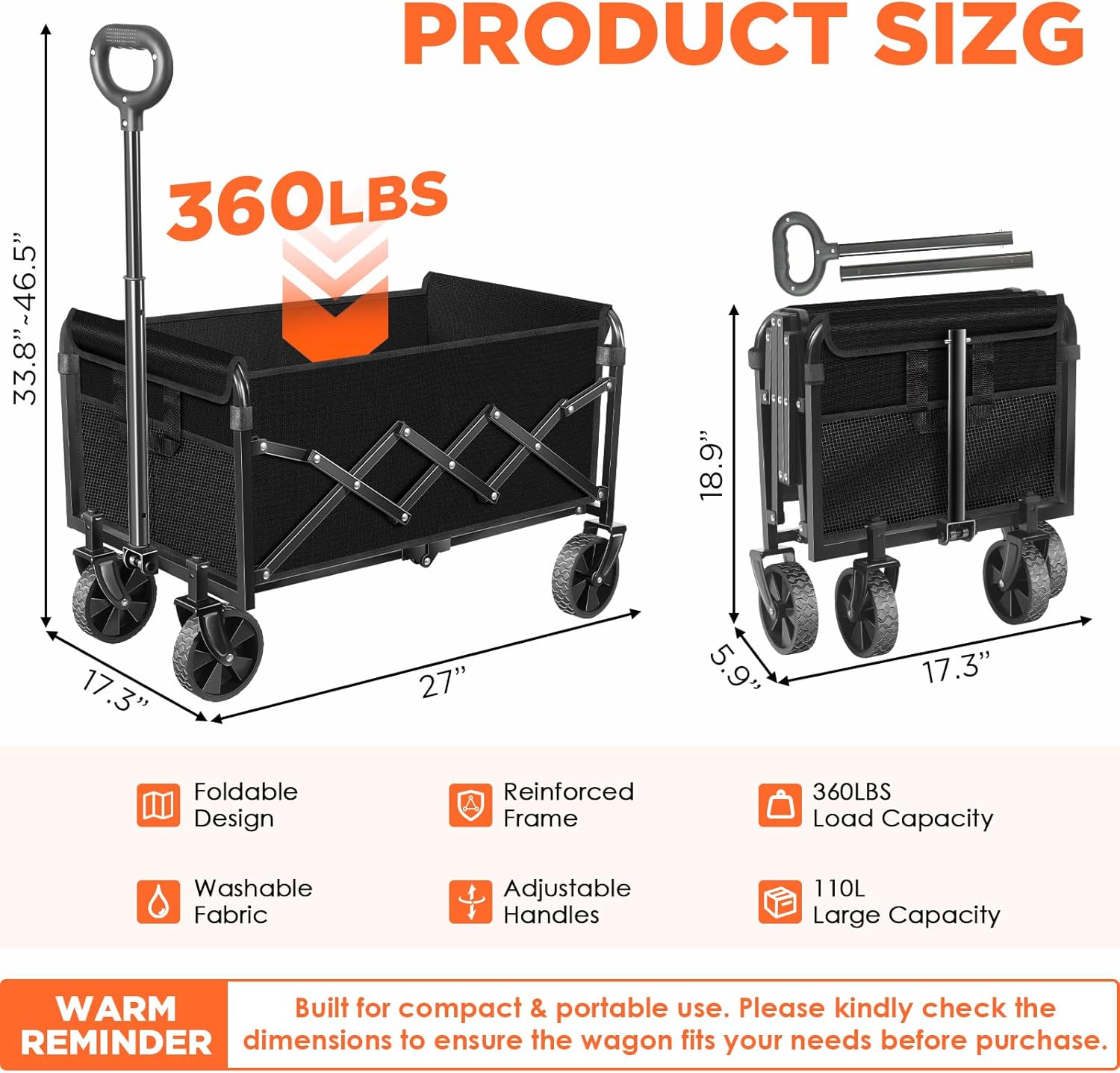 wagons carts foldable, collapsible folding wagon, portable folding wagon cart with wheels, outdoor utility carts for groceries, camping, sports, shopping, black wagons-black02