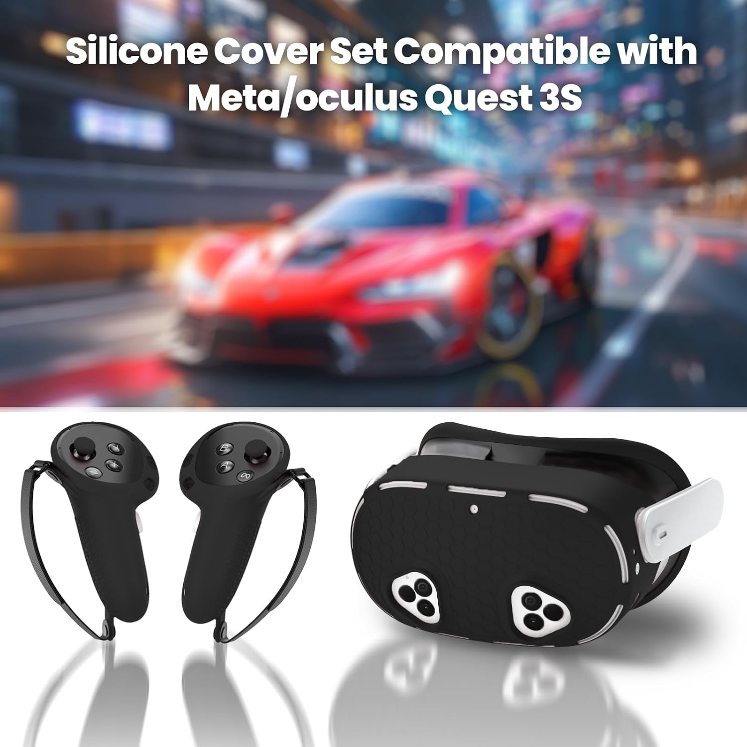 MEGREZ Compatible with Meta Quest 3S VR Silicone Cover Set, Quest 3S Accessories Protective Cover Set, Silicone Protective Shell Cover, VR Face Cover, Controller Grips Cover, Black