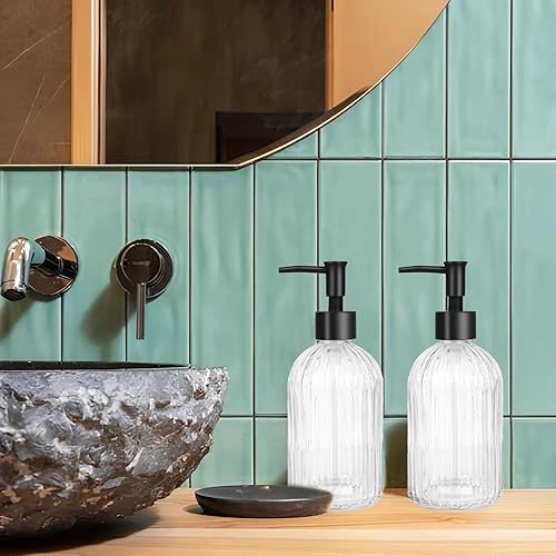 Miniatura 6 de Dispensador de jabón de vidrio transparente con bomba, dispensador de jabón de manos a rayas de vidrio de 13.5 onzas, dispensador de líquido de mano