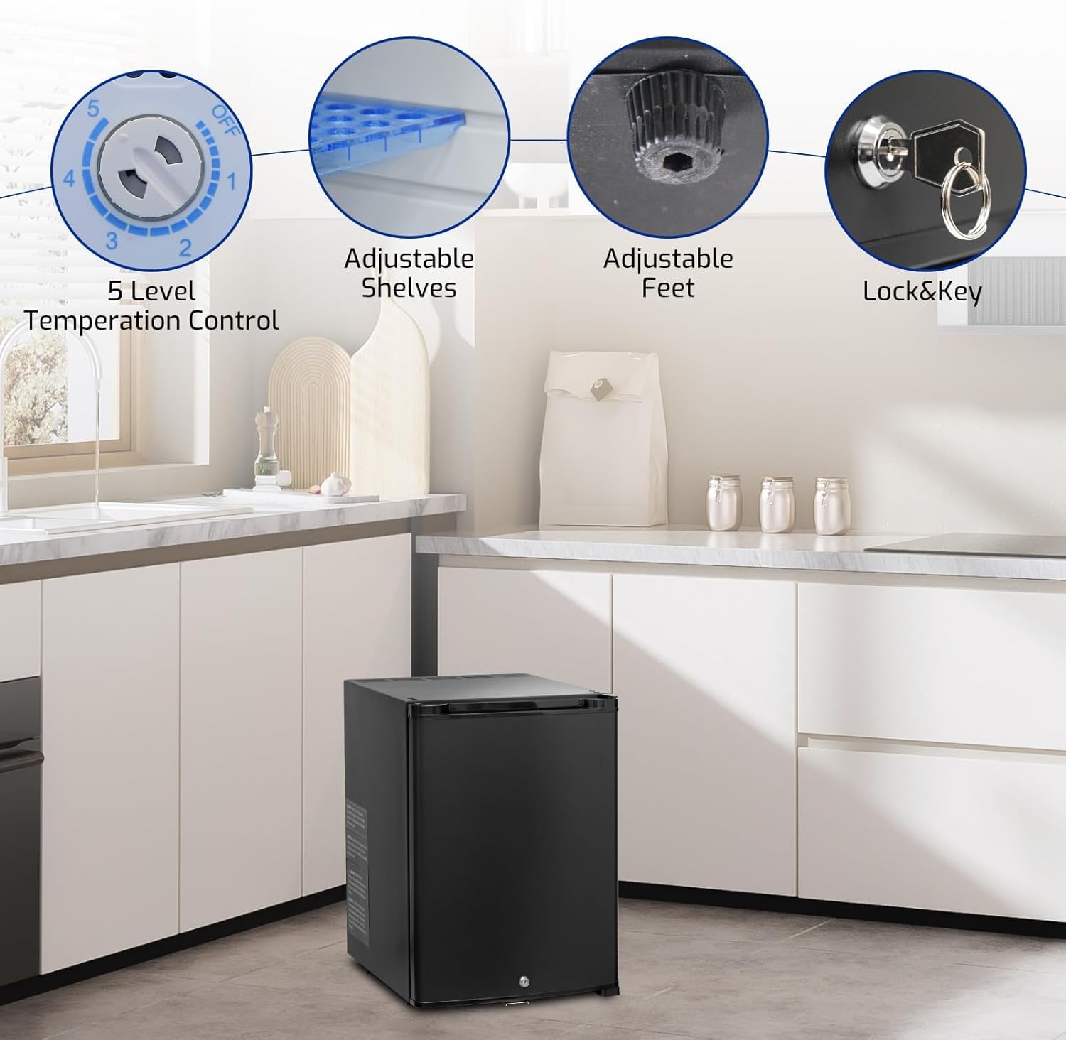 Smad Compact Refrigerator 1.4 Cu Ft, Mini Fridge with Lock, 12V RV Refrigerator, 2 Ways 12V DC/110V AC Semi Truck Fridge for Bedroom, Truck, Dorm, Black