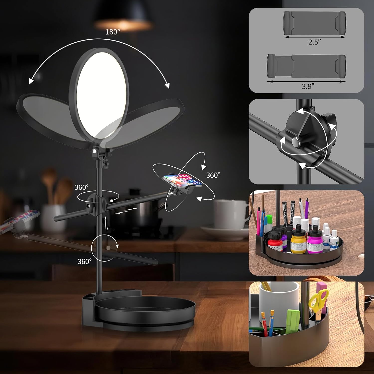 Bright Zoom Lighting for Computer, Adjustable Desk Lighting for Video Callst,55W Dimmable Full Screen Ring Light,with Rotating Storage Box,Pen Holder Stand,Phone Holder and Controller (Black, 10.5)
