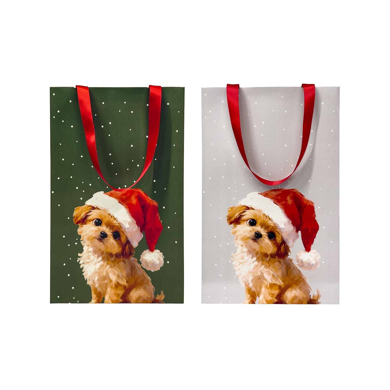 Crespack Santa Pup Bags | 5 Pcs | 23 x 7.1 x 36 | Tall Christmas Gift Bags with Adorable Santa Puppy Artwork | Eco-Friendly Paper Carry Bags for Holiday Celebrations