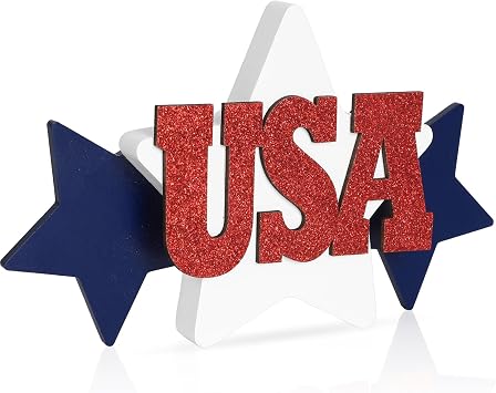 Glitter USA Sign 4th of July Decorations for Office, Home, Table, Mantel, Shelf, Desk, 5x10 Inch Patriotic Memorial Day Star Sign, Wooden Red Blue White Decor Labor Day Centerpiece Star