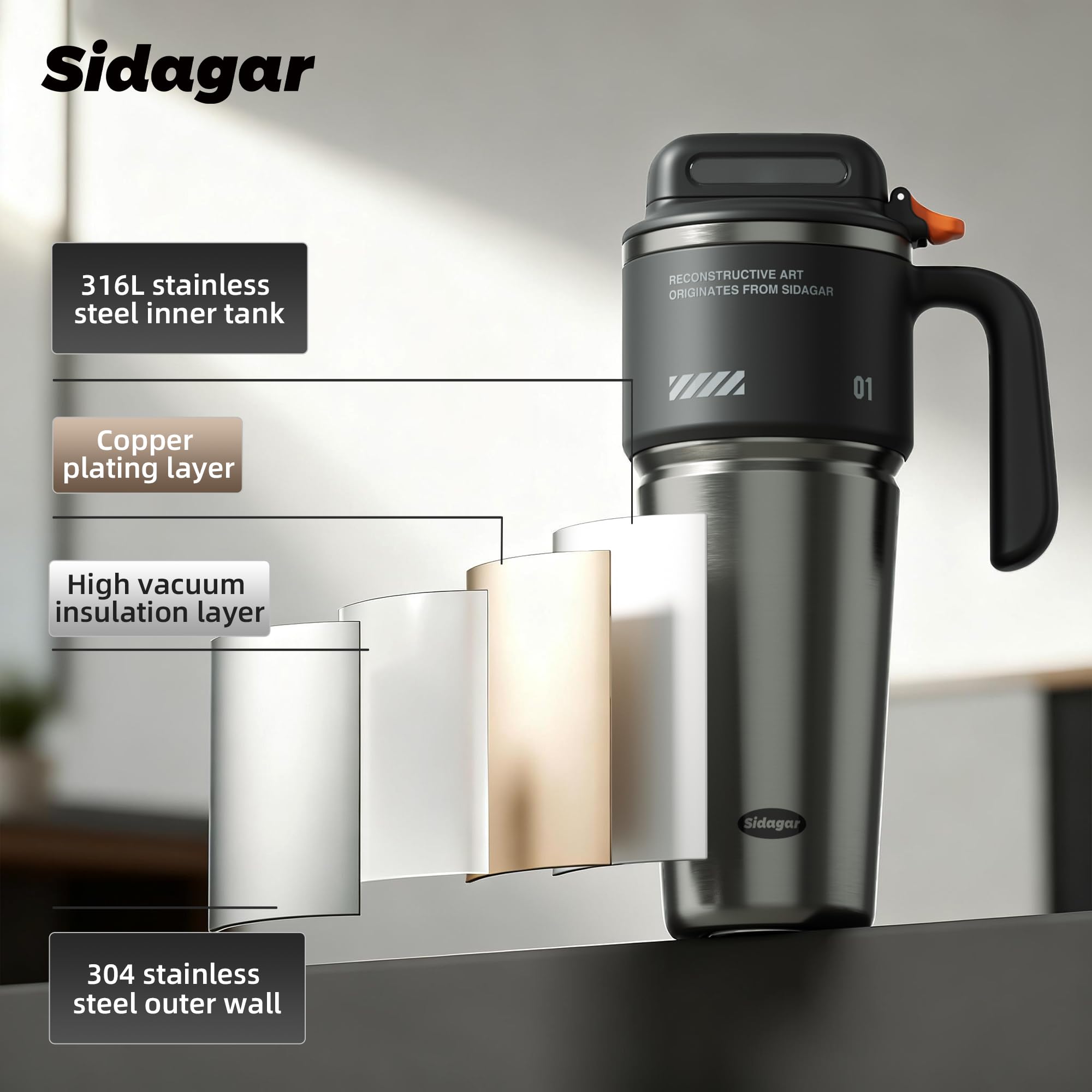 Gourde Isotherme 1L avec Poignée, Mug de Voyage Inox, Bouteille d’Eau avec Ouverture à Bouton, Anti Fuite, Thermos Compatible Porte-Gobelet, Noir
