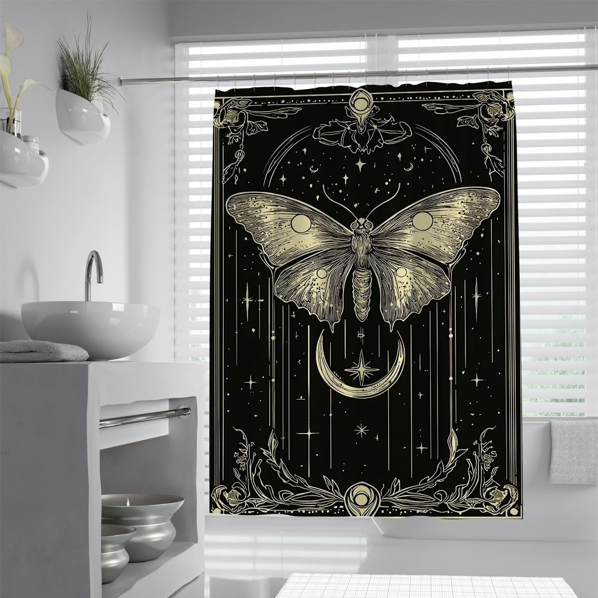UERWOWELL Mystical Insect Shower Curtain Astrology Crescent Moon Stars Moth Shower Curtain for Gothic Bathroom Decor Waterproof Polyester Fabric W180xL200 cm