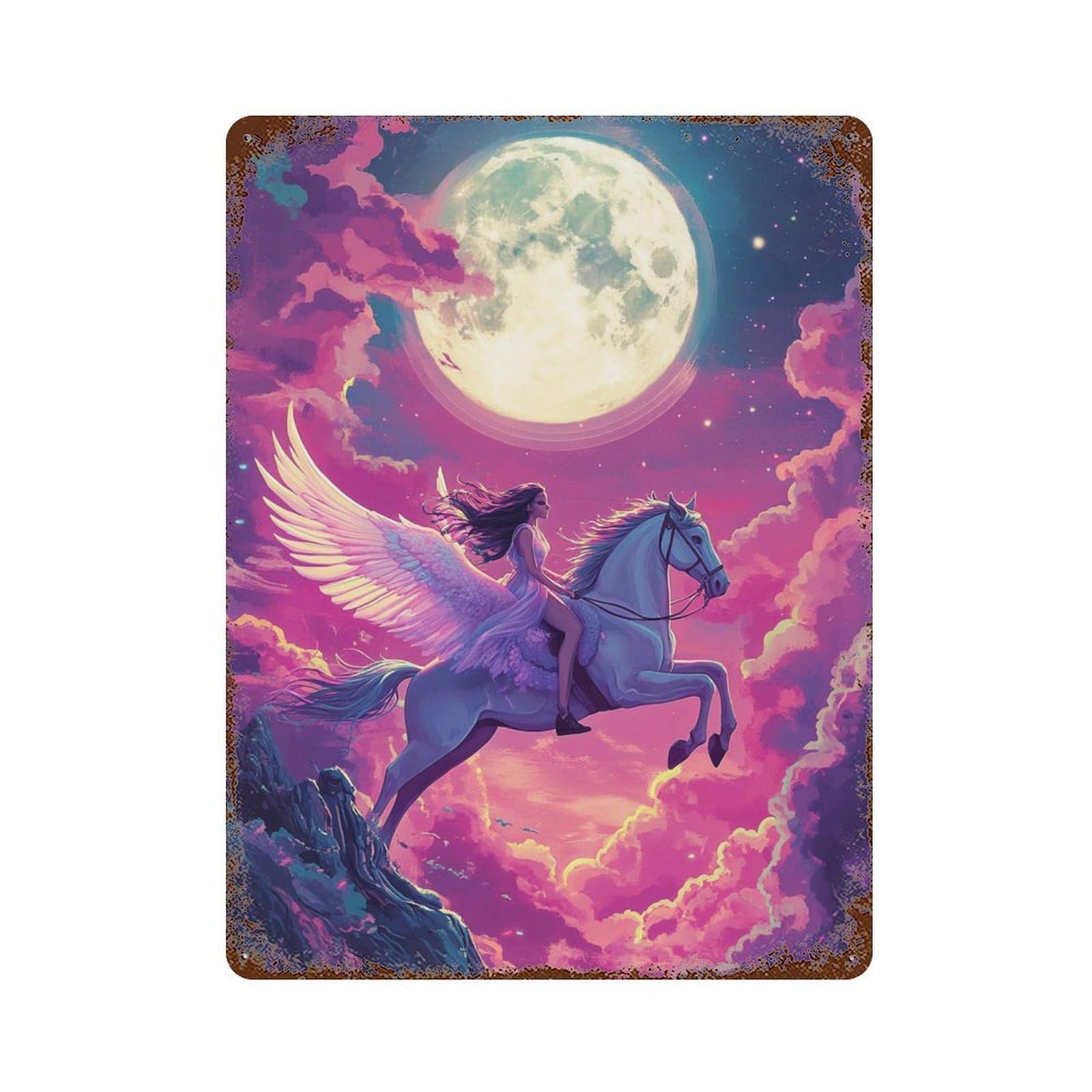 Retro Metal Sign Pegasus Ride Under Moonlit Sky 15.7"x11.8", Decorative Metal Wall Art for Pub, Kitchen And Man Cave Decor