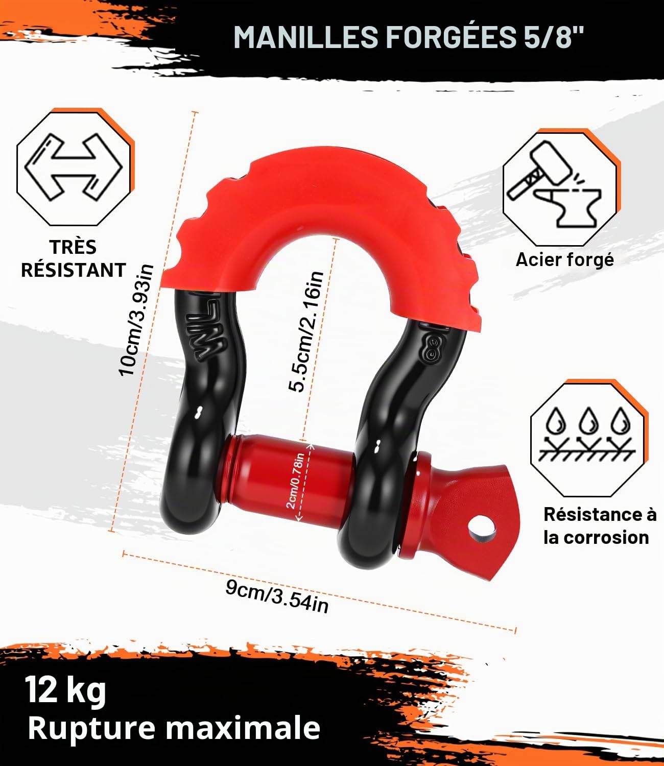 Câble de remorquage pour voiture, 12T, avec manille haute résistance, résistance à la rupture de 12 000 kg, 5 m x 5 cm, corde de remorquage d'urgence avec étui, améliorée, sûre