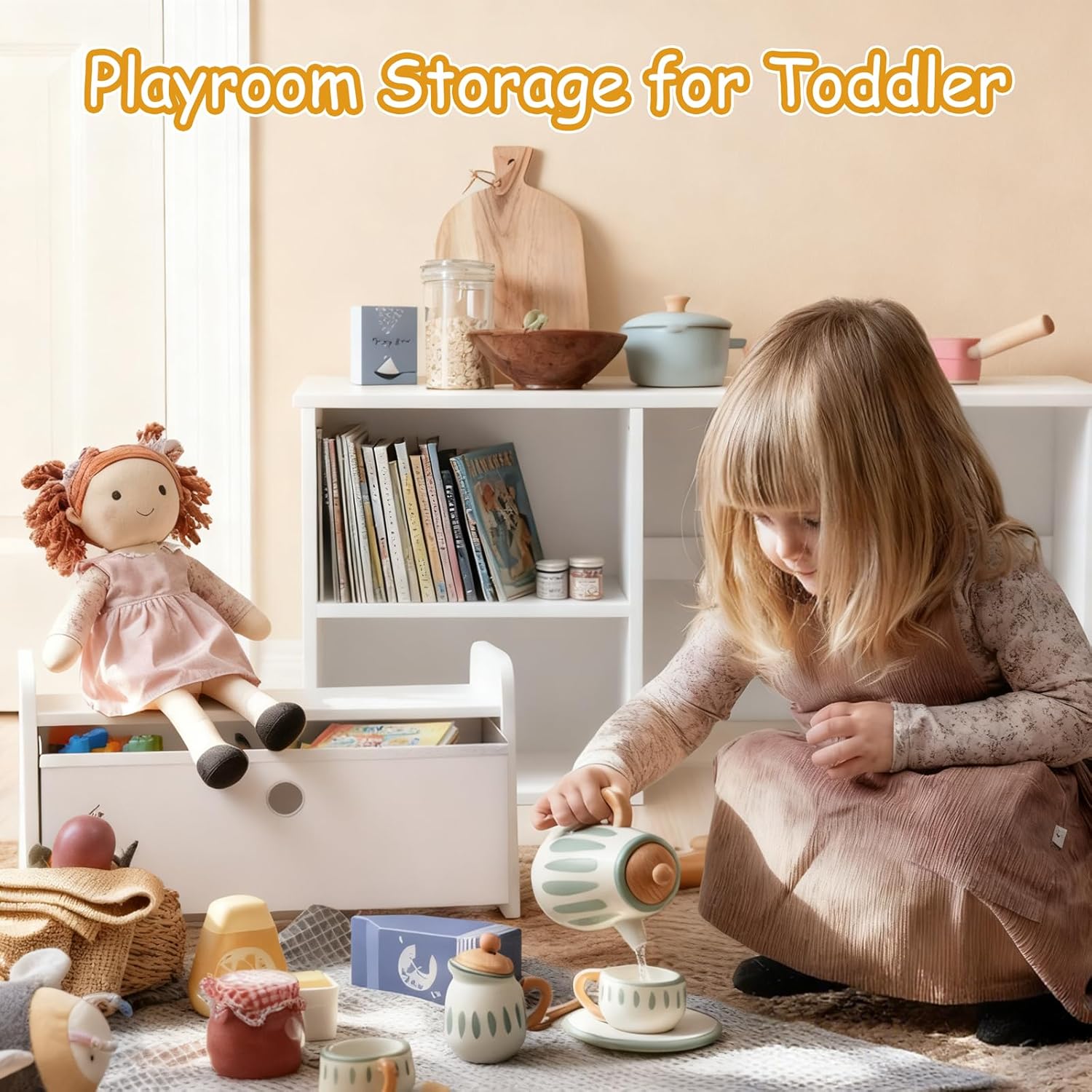 3-in-1 Toddler Bookshelf, Montessori Bookshelf with Bench, Bookshelf for Kids with Reaading Nook & Toy Organizers & Storage, Book Shelf for Kids Rooms, Nursery, Playroom, Bedroom, White