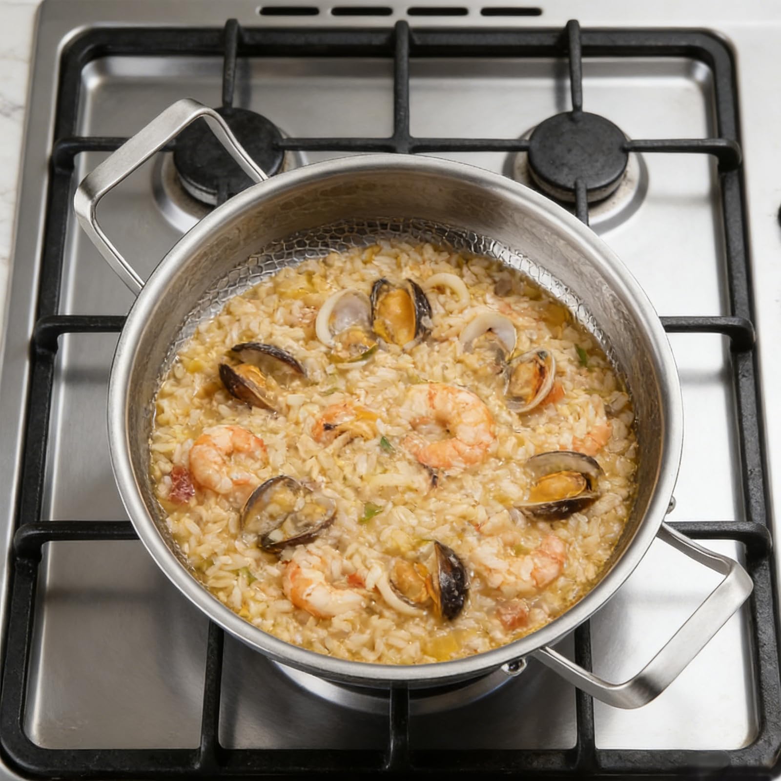 Padella in acciaio inox titanio martellato, 28 cm, padella professionale senza rivestimento, padella a induzione per tutti i fuochi con coperchio in vetro, batteria da cucina a triplo strato in