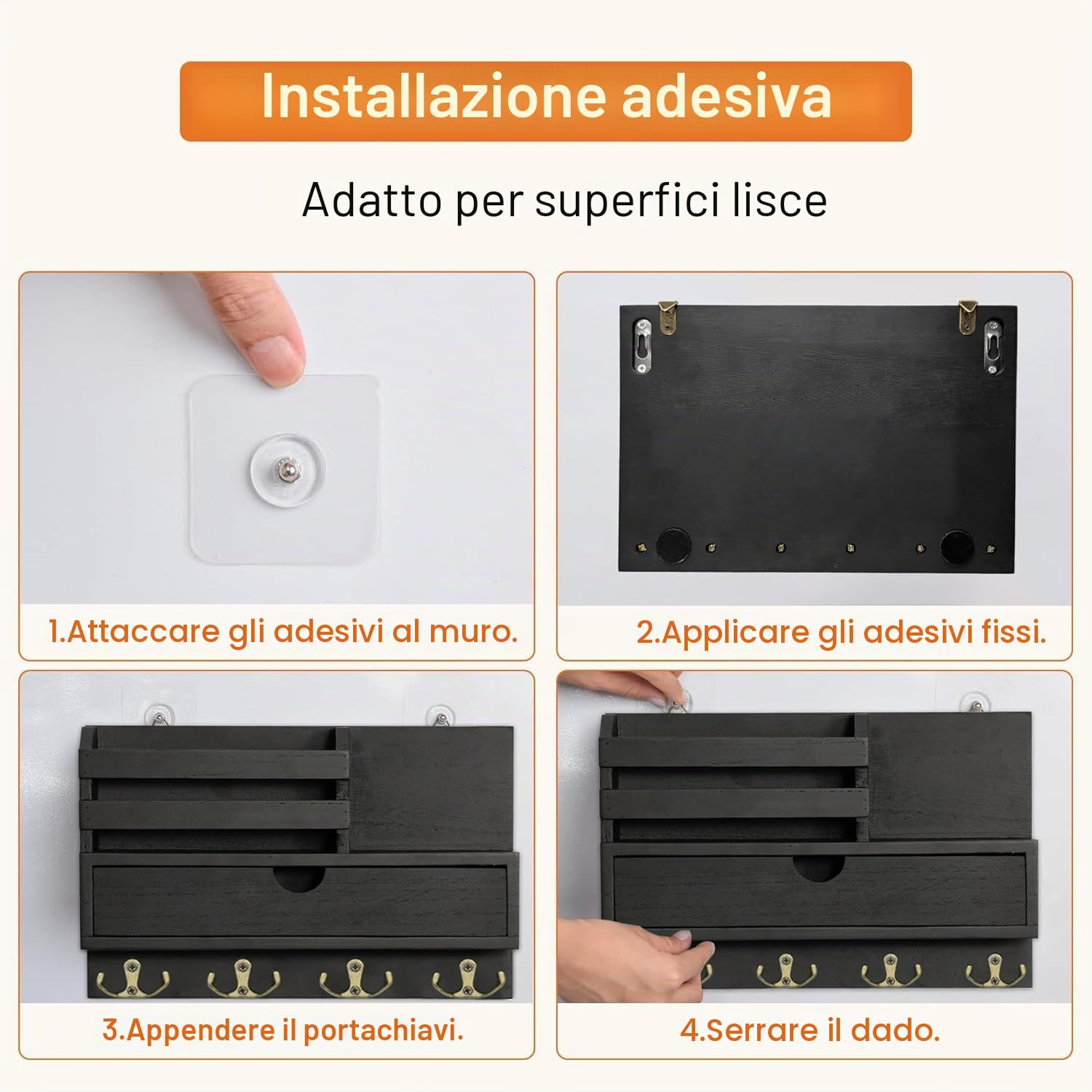 Portachiavi da Parete con Cassetto Portaoggetti, Portachiavi in Legno con 4 Doppio Ganci, Mensola da Parete per Portachiavi, Appendi Chiavi a Muro per Casa, Ingresso, Ufficio - Nero