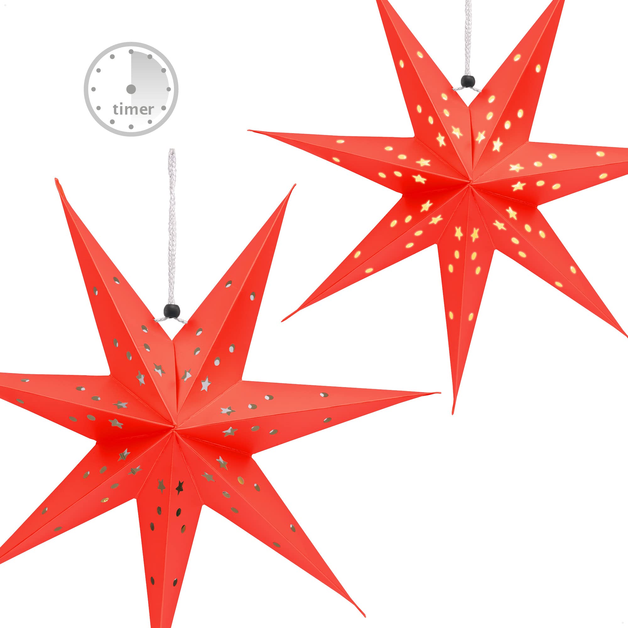 com-four® 3 swiecace gwiazdy 3D LED 45 cm – gwiazda swiateczna z oswietleniem i timerem – premium gwiazda papierowa do zawieszenia (czerwony/srebrny/bialy - Wzór 2)