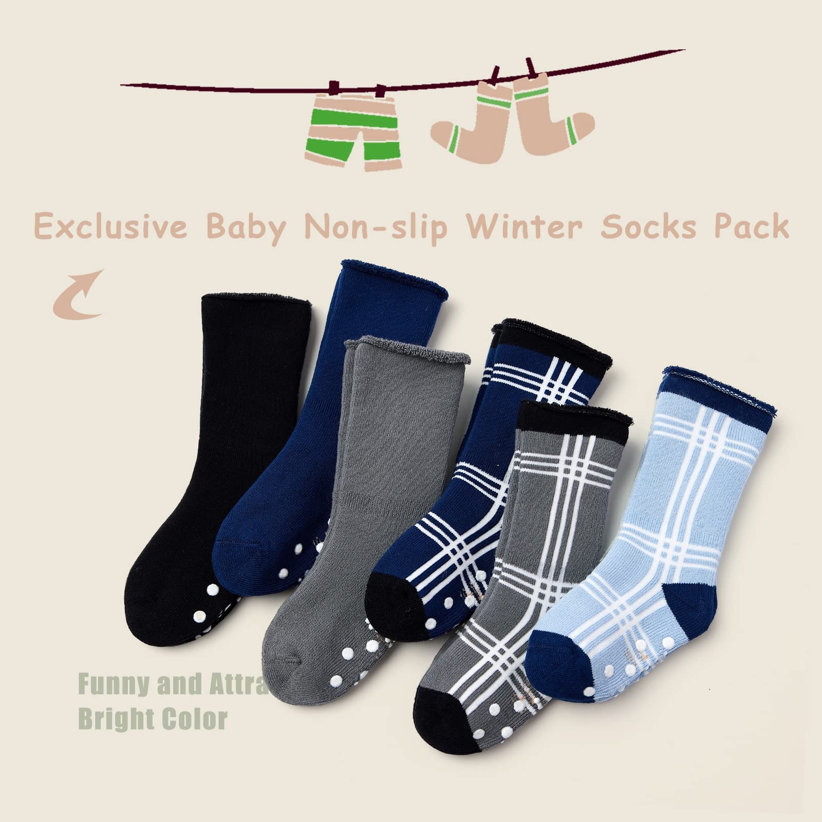 Calcetines antideslizantes para bebé, calcetines gruesos para invierno, calcetines cálidos con apretones para bebé, calcetines de algodón, paquete múltiple de 6 pares