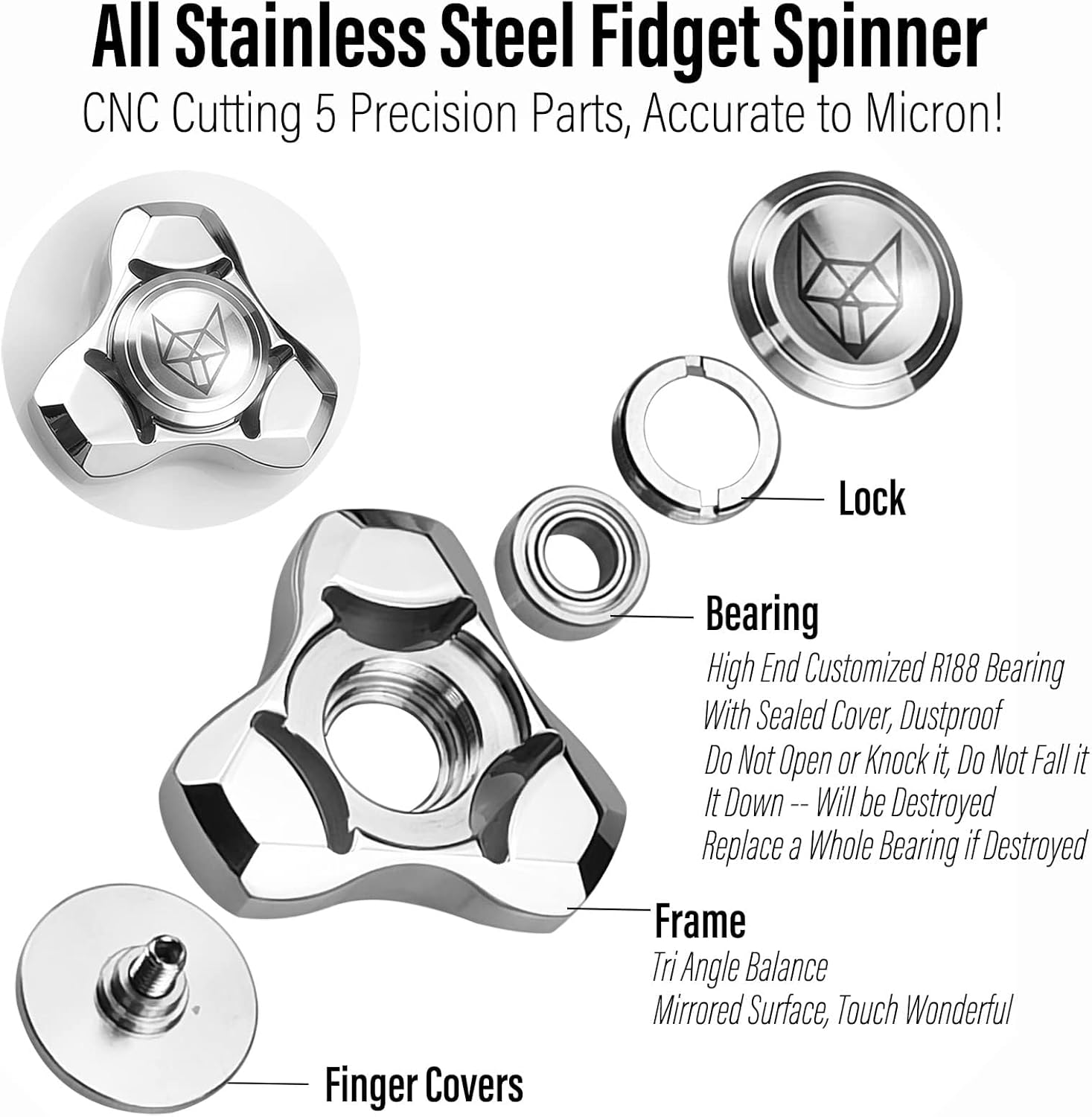 FREELOVE Metal Fidget Spinner for Adults, Stainless Steel Heavy Spinning Toys, Small Mini Fox Hand Gyro, Bearing Premium Long High Spin Fidget Block, Silver - Image 3