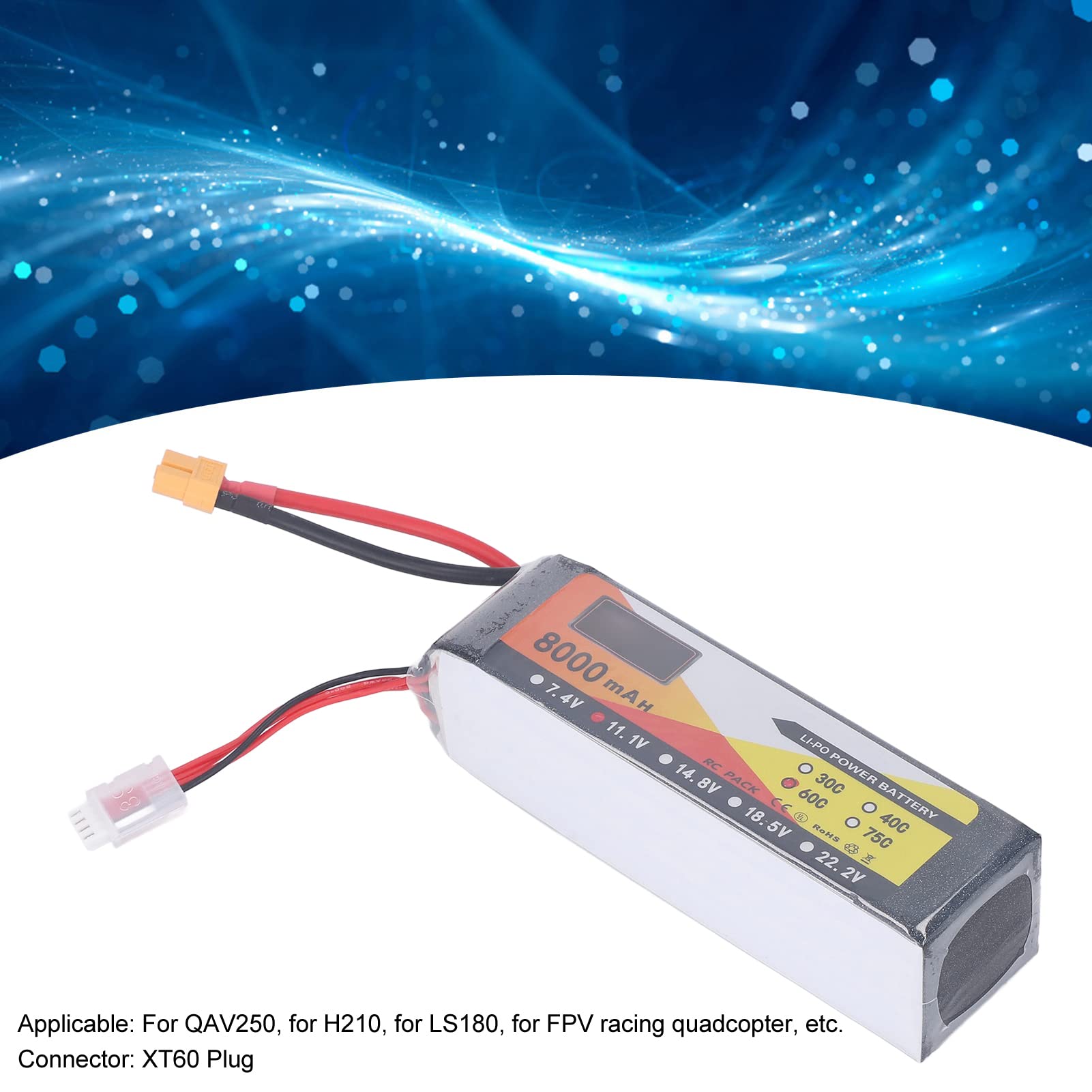 Batteria Lipo da 8000 mAh con tasso di scarica 60C, 11,1 V 3S, connettore XT60, ideale per modellismo di auto e elicotteri radiocomandati.