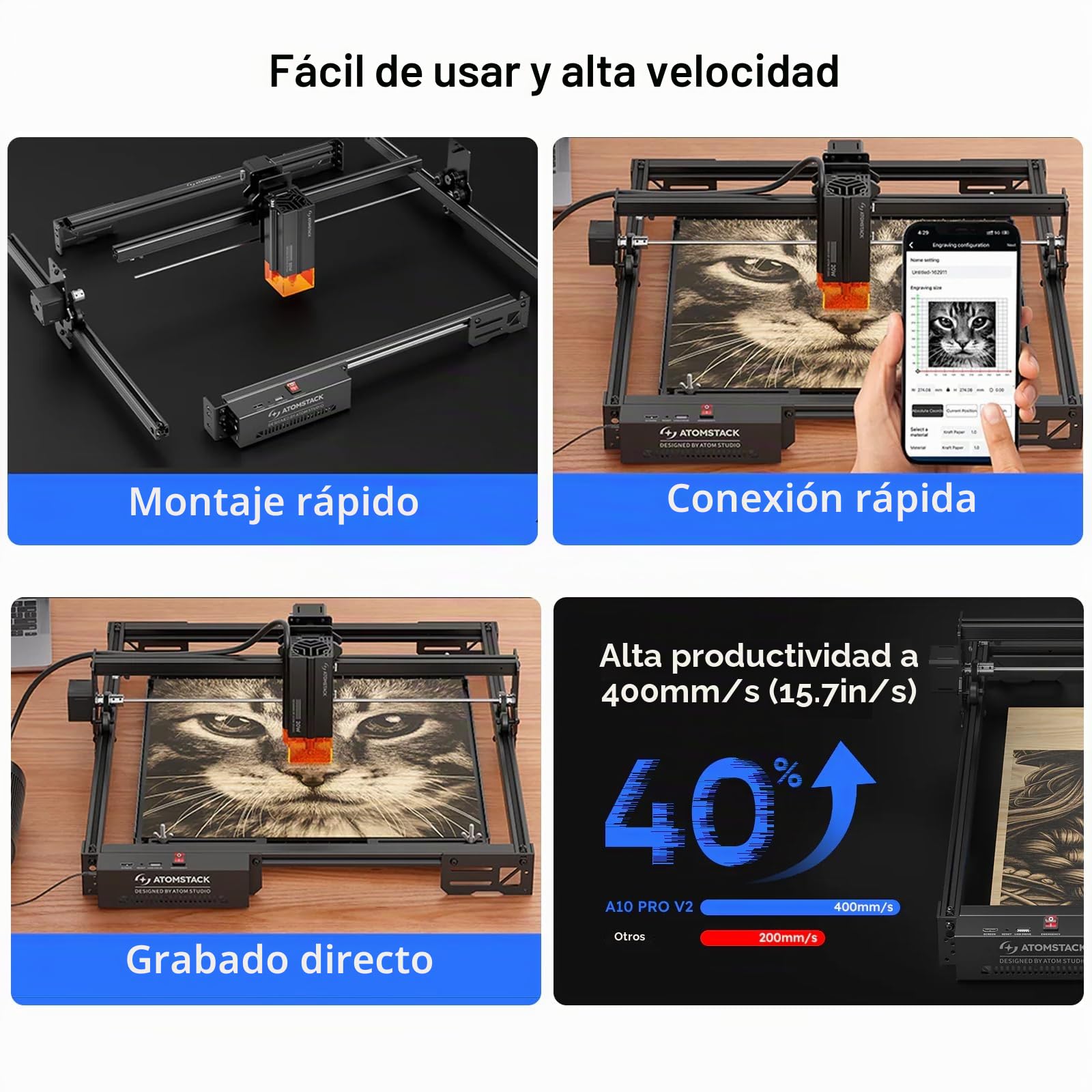 ATOMSTACK A10 PRO V2 Máquina de grabado láser 12W, cortadora láser para madera con punta de 0,06 mm, grabador láser de alta precisión para madera, metal y vidrio acrílico oscuro