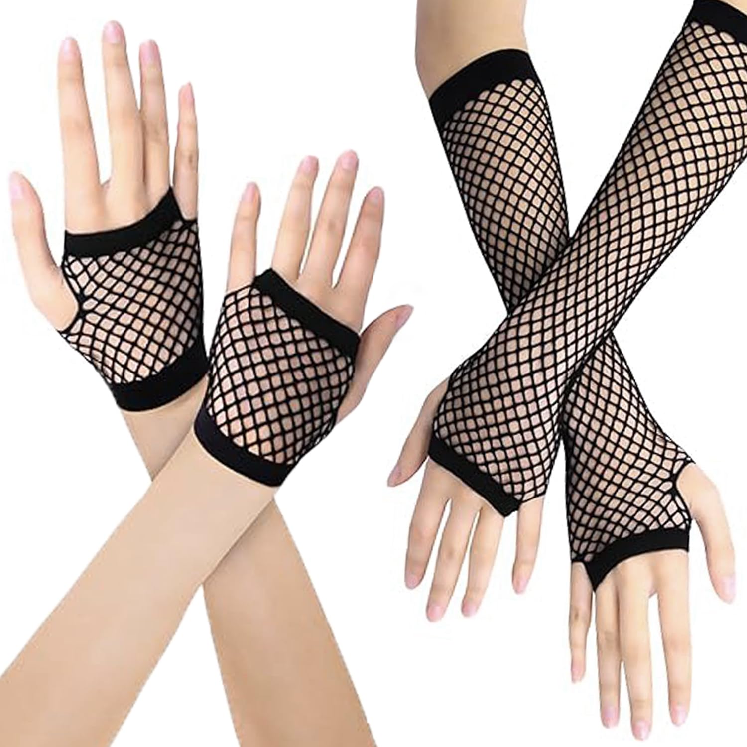 2 Pairs Fishnet Gloves Fingerless，2 Sizes of Fishnet Gloves for 80's Theme Party Halloween Cosplay Women Costume