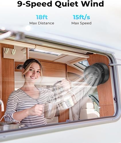 Miniatura 4 de AMACOOL Ventilador de montaje en pared sin perforación de 8 pulgadas con control remoto, 10000 mAh recargable, 9 velocidades silenciosas, oscilación