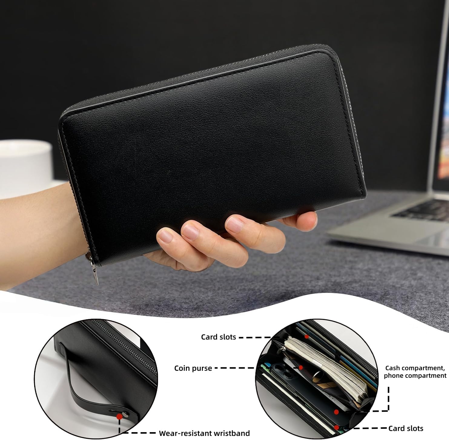 Long Wallet for Men, PU Leather Zipper Wallet with Wrist Strap, Large Capacity Travel Men Clutch Bag for Passport Checkbook Phone