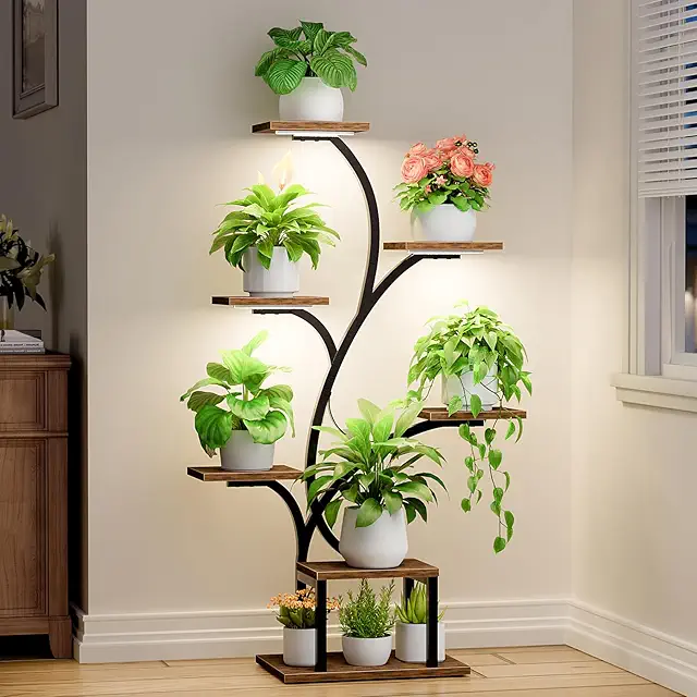 BACEKOLL 7-Tier Terrarium Stand with Grow Lights, 49" Corner Plant Shelf, Black