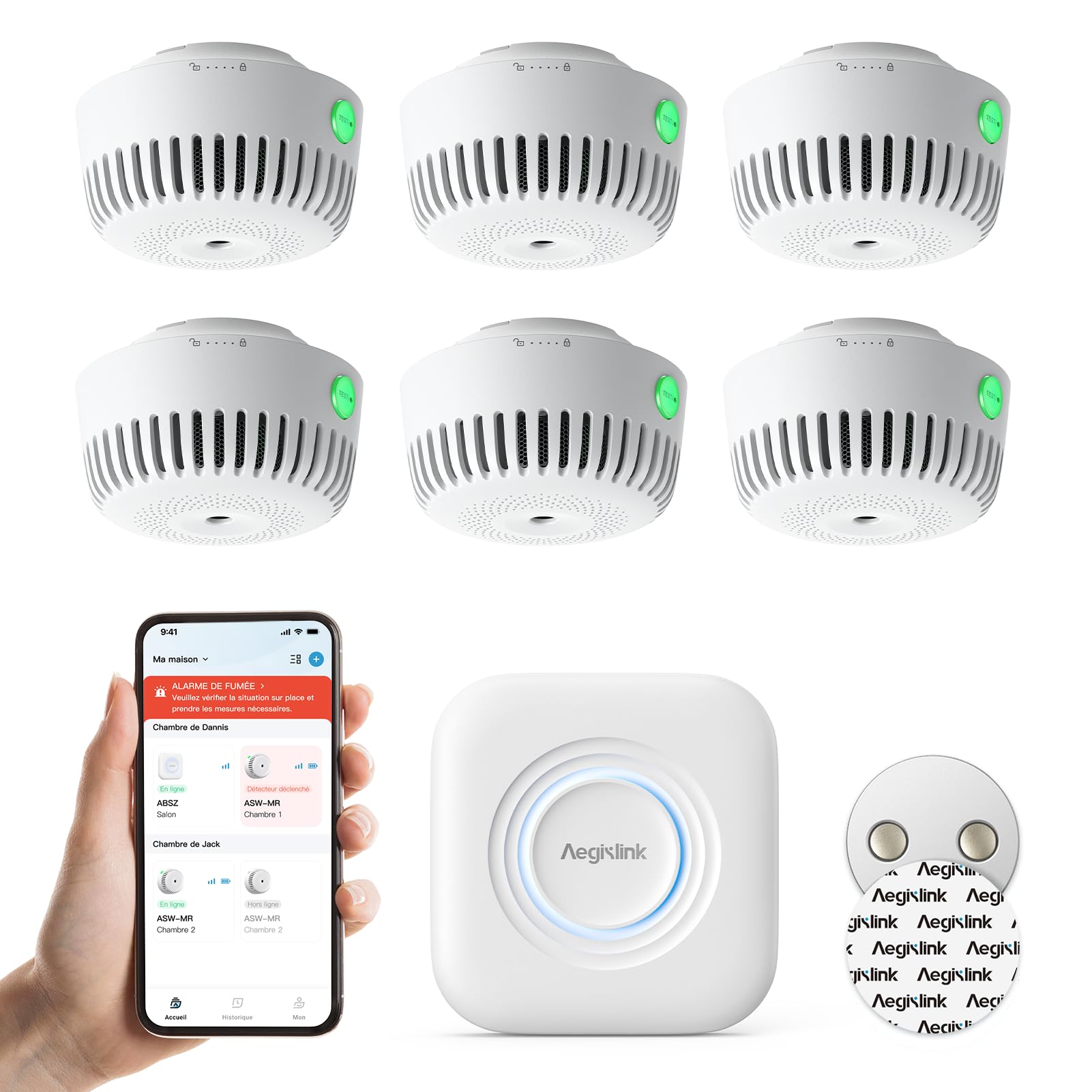 AEGISLINK Détecteur de Fumée Connecté avec Base, Pad Magnétique, ASW-MR61