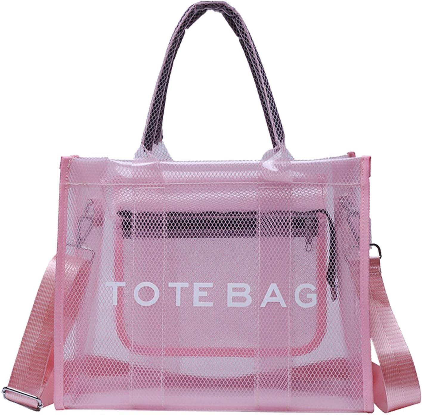 WREWING Clear Tote Bag for Women, Large Mesh Beach Bag, PVC Clear Crossbody Bags with Zipper, Stadium Bag for Travel Sports