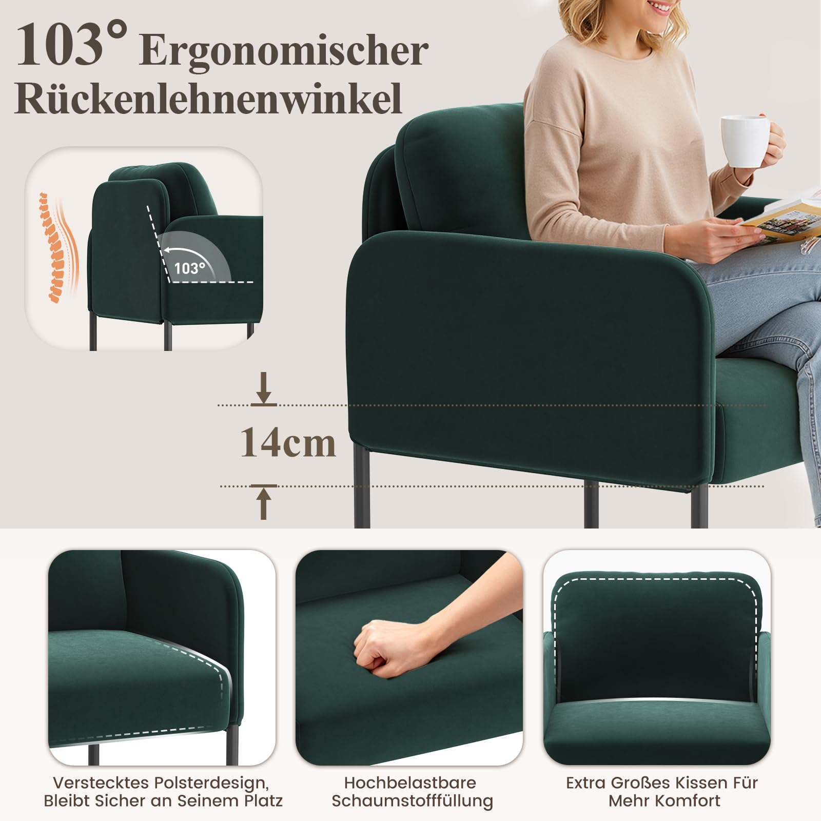 COLAMY Gepolsterter Ohrensessel 2er Set aus Samt – Moderner Lounge-Sessel mit weicher Rückenlehne, Komfortabler Sessel für Wohnzimmer, Schlafzimmer, Apartment & Leseecke, Grün