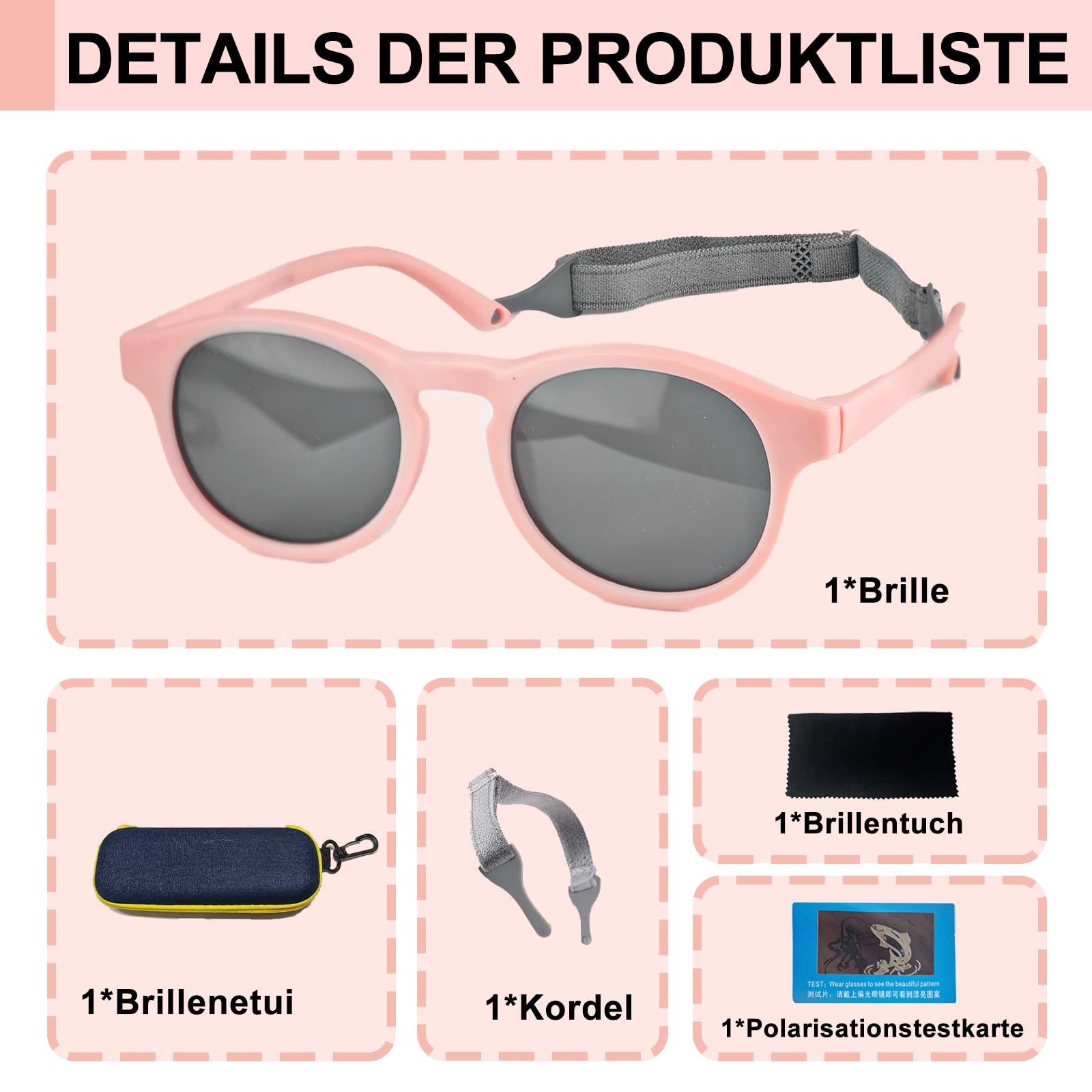 lunettes de soleil bébé 0-36 mois, Protection UV400 Polarisée, avec étui à lunettes de soleil et chiffons de nettoyage, bandeau ajustable, monture polarisée flexible - Pour Enfant