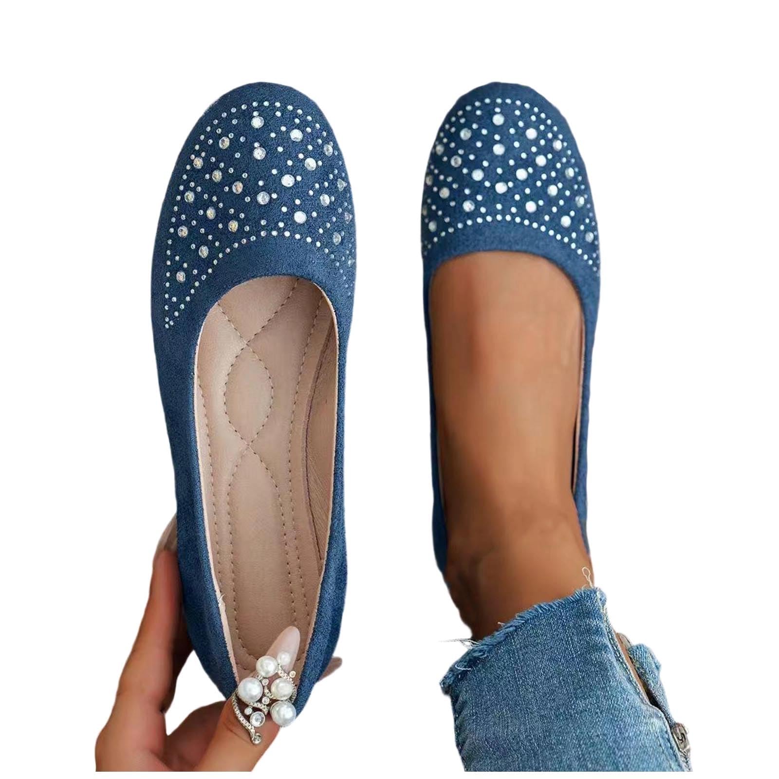 Women Rhinestone Round Toe Flats Soft Comfortable Arch Support Flats Memory Foam Insole Cushion Slip On Ballet Shoes — view 4