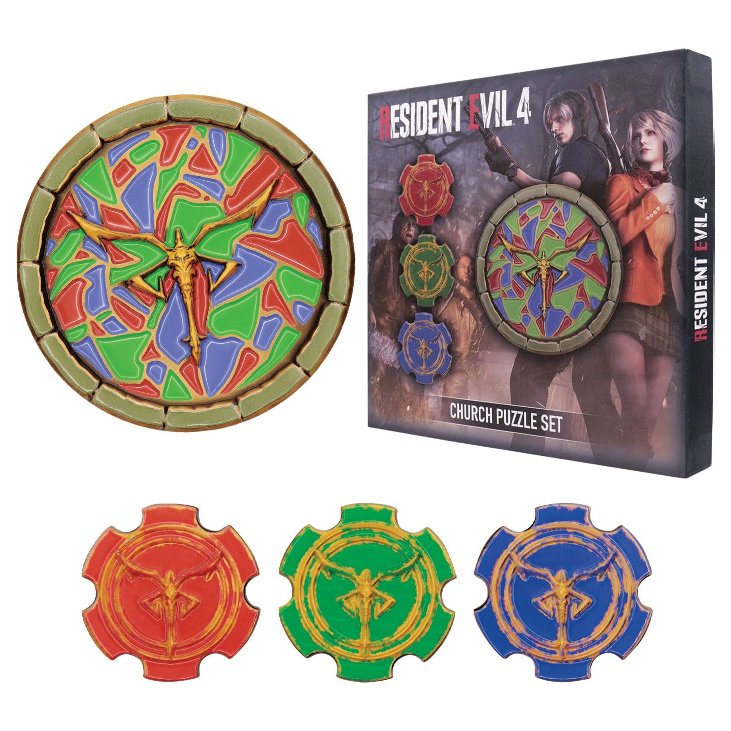 FaNaTtik Resident Evil 4 Church Puzzle zestaw medalionów – limitowana edycja kolekcjonerska (replika emblematu Las Plagas, 4 medaliony ze stojakiem), oficjalna licencja i numerowane pudełko