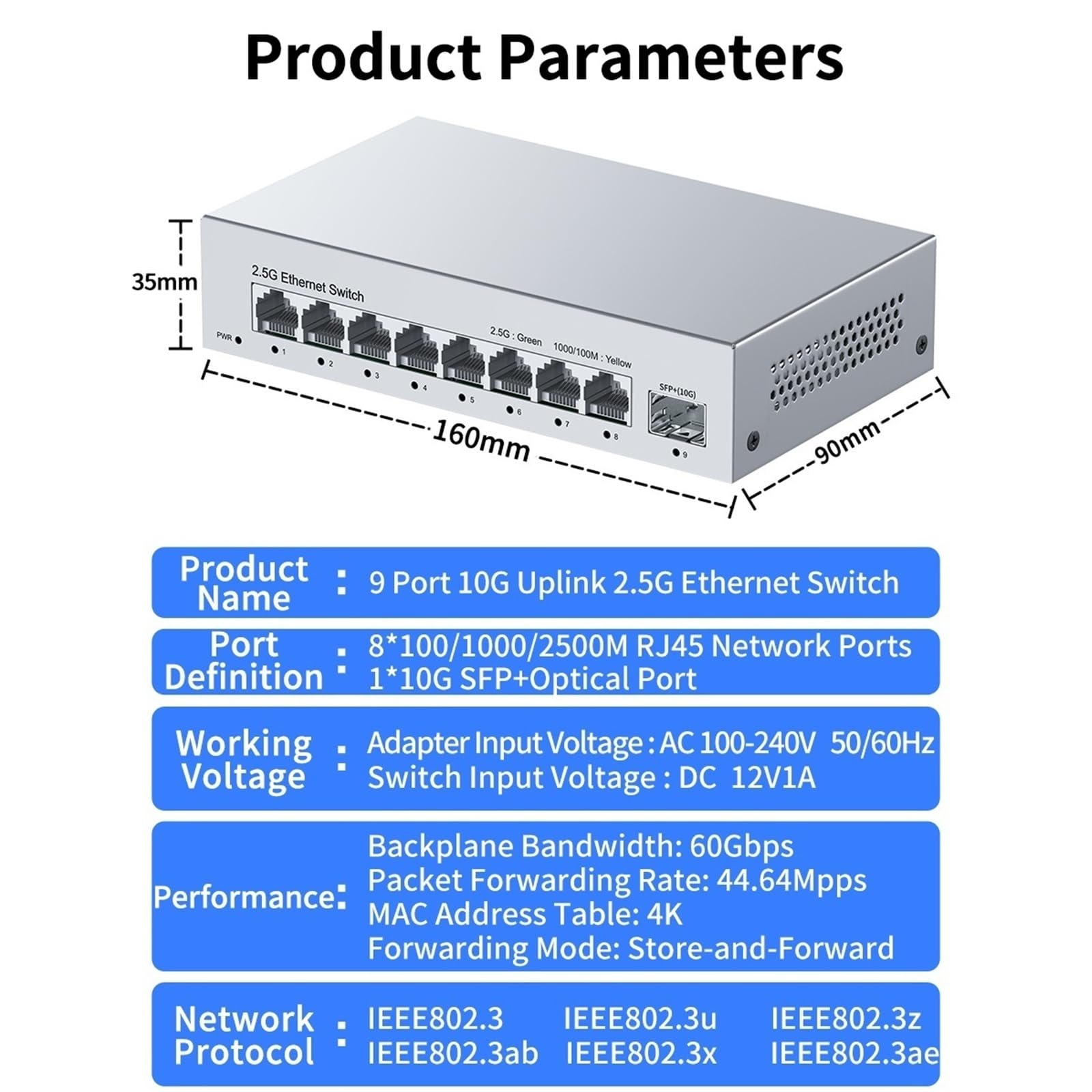 Switch de Red Conmutador Ethernet de 8 Puertos 2,5 GbE No administrado 2,5 Gbps 1 Puerto 10 GB SFP(AU Adapter)