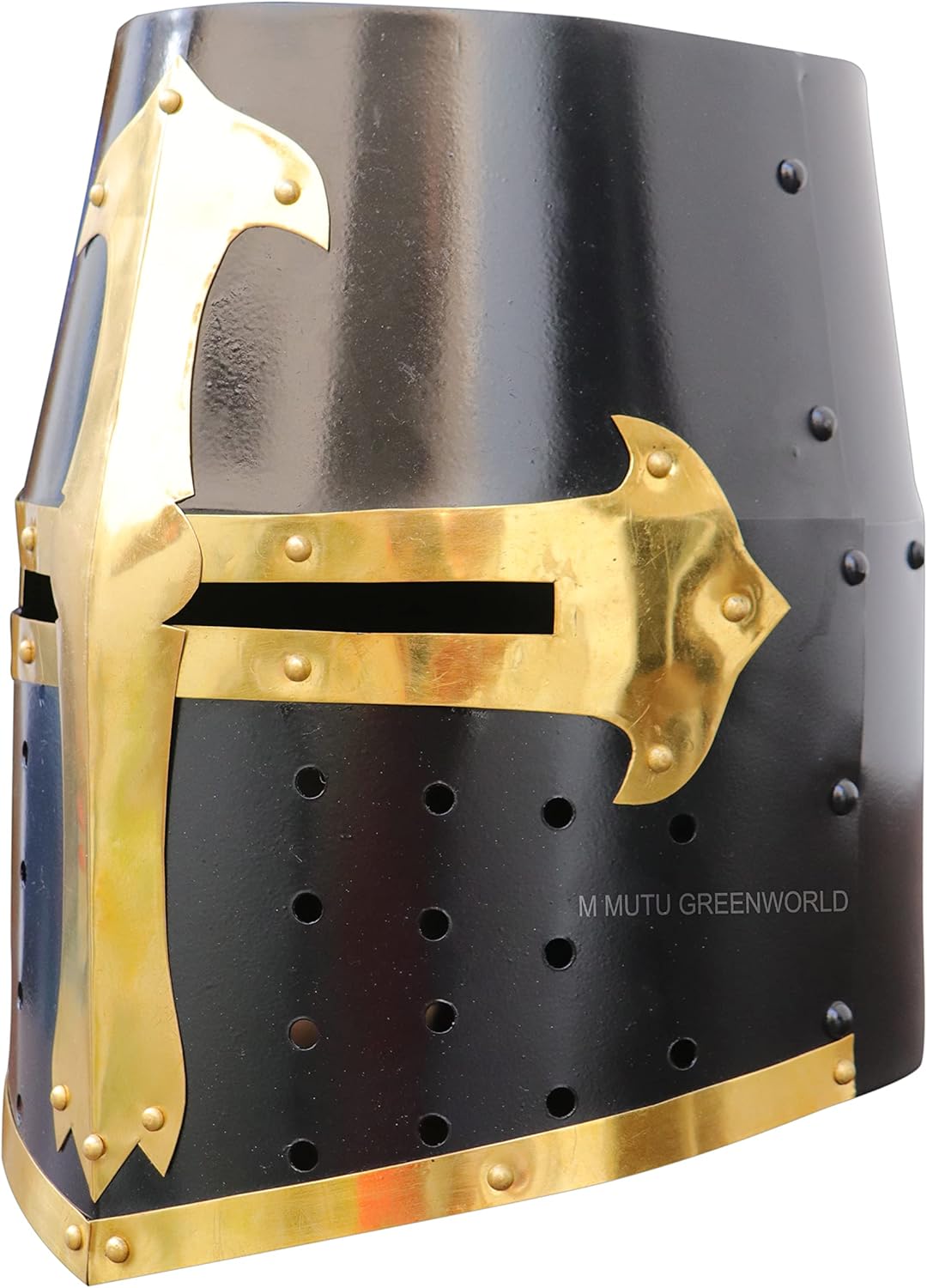 MUTU GREENWORLD SHEL03 Medieval Templar Crusader Knight Helmet – Black & Golden Armor Replica for Cosplay, Halloween, LARP, Costume Props