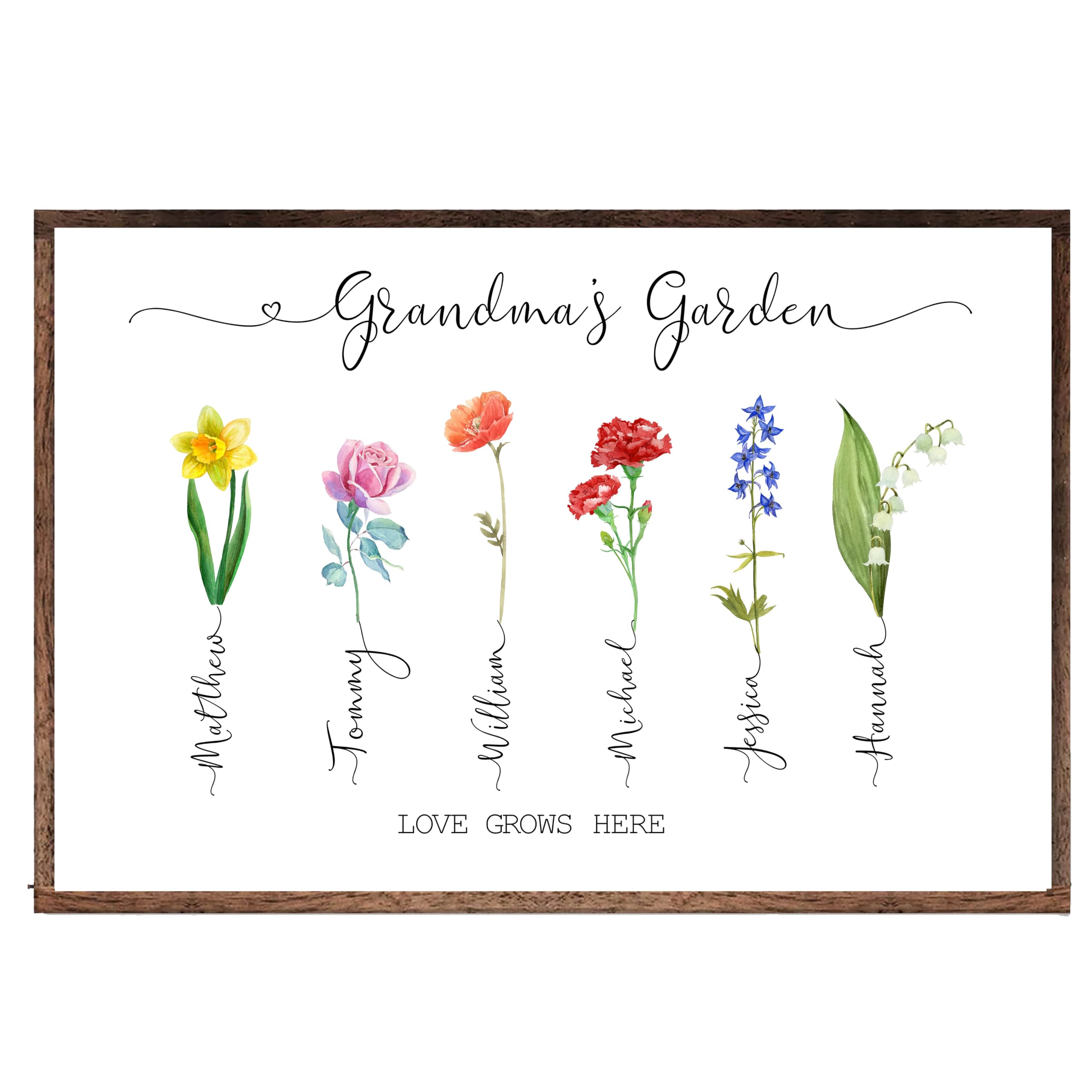 Young Blossom Personalized Gifts for Grandma Poster, Grandma's Garden Kid's Name Birth Month Flower UNFRAMED Poster, Custom Gigi Mimi Grammy Nana Poster for Mothers Day Grandparents Day