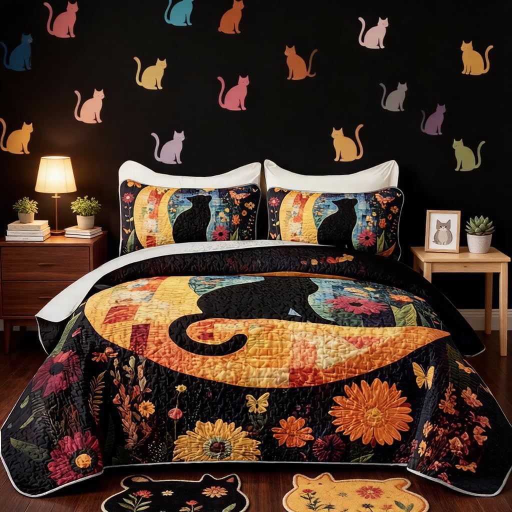 HOSIMA Cute Cat Quilt Set King Size,Cat Sitting on Moon Surrounded by Colorful Butterflies Flowers,Aesthetic Pattern Lightweight Summer Quilt for Kids Girls Room Decor with 2 Pillowcases.