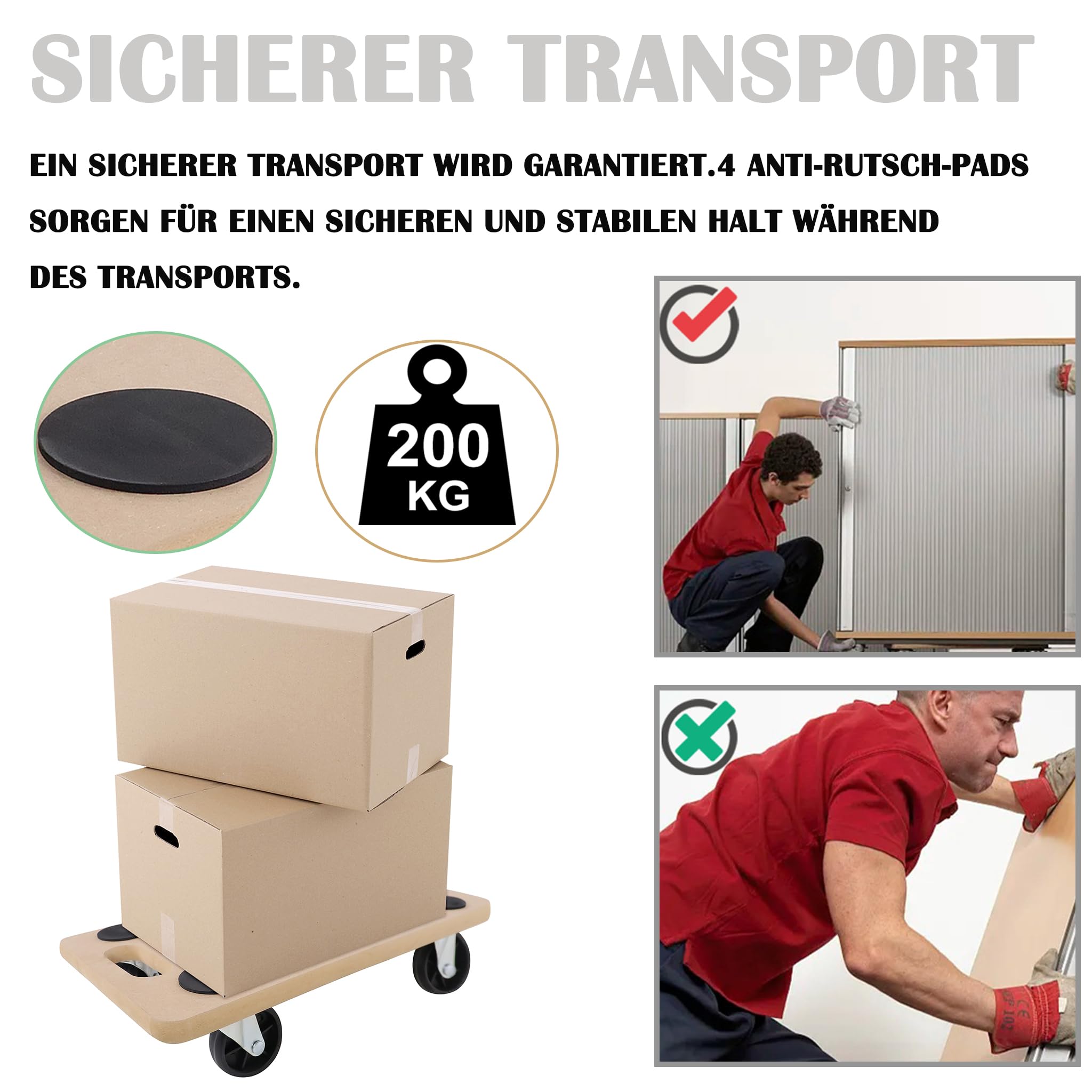 LZQ 4 rotelle per il trasporto di mobili, per interni ed esterni, 58 x 30 cm, portata massima 200 kg, per trasloco, trasporto di mobili (4 pezzi)