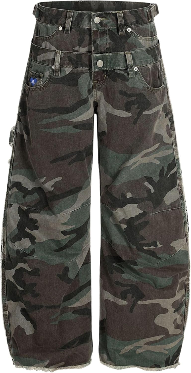Aelfric Eden Womens Double Waist Camo Cargo Pants Vintage Washed Loose Straight Leg Trousers with Multi Pockets